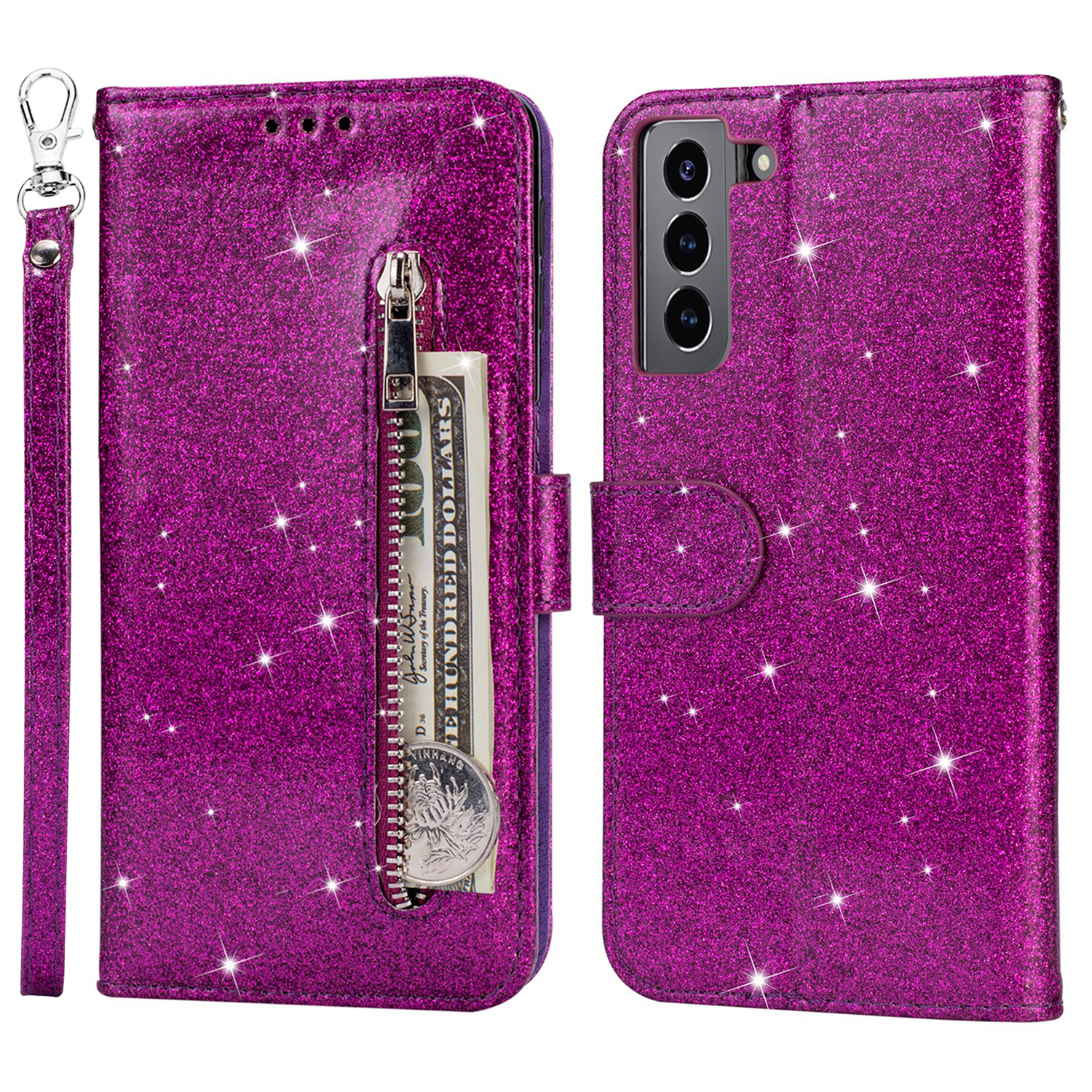 

Блеск с Блестками на Молнии Карманной Кошельки PU Кожа + TPU Folio Flip Phone Case с Подставкой Для Samsung Galaxy S22 + 5G - Пурпурный, Galaxy S22+ 5G
