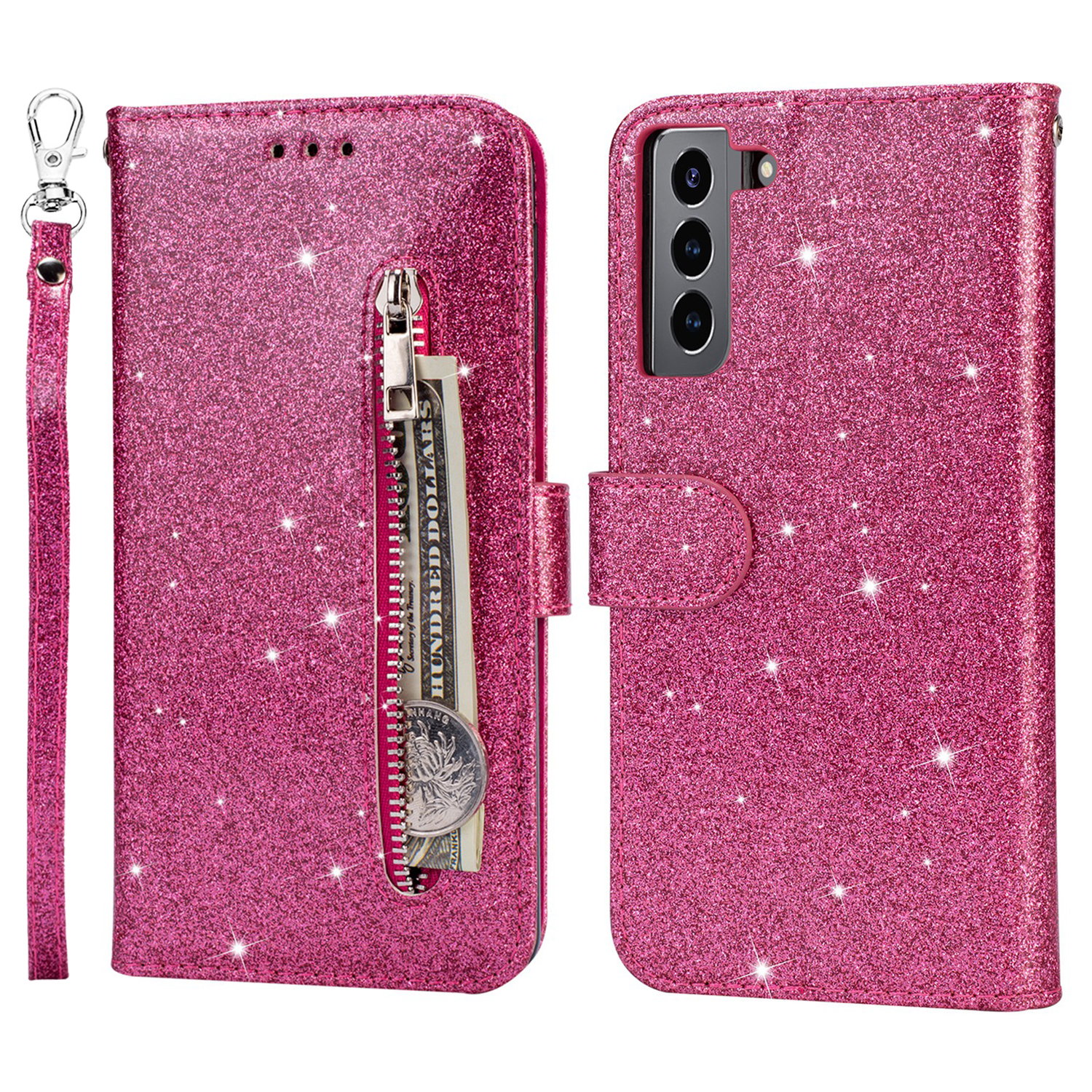 

Glitter Sequins Zipper Pocket Wallet PU Leather + TPU Folio Flip Phone Case with Stand for Samsung Galaxy S22+ 5G - Rose, Galaxy S22+ 5G