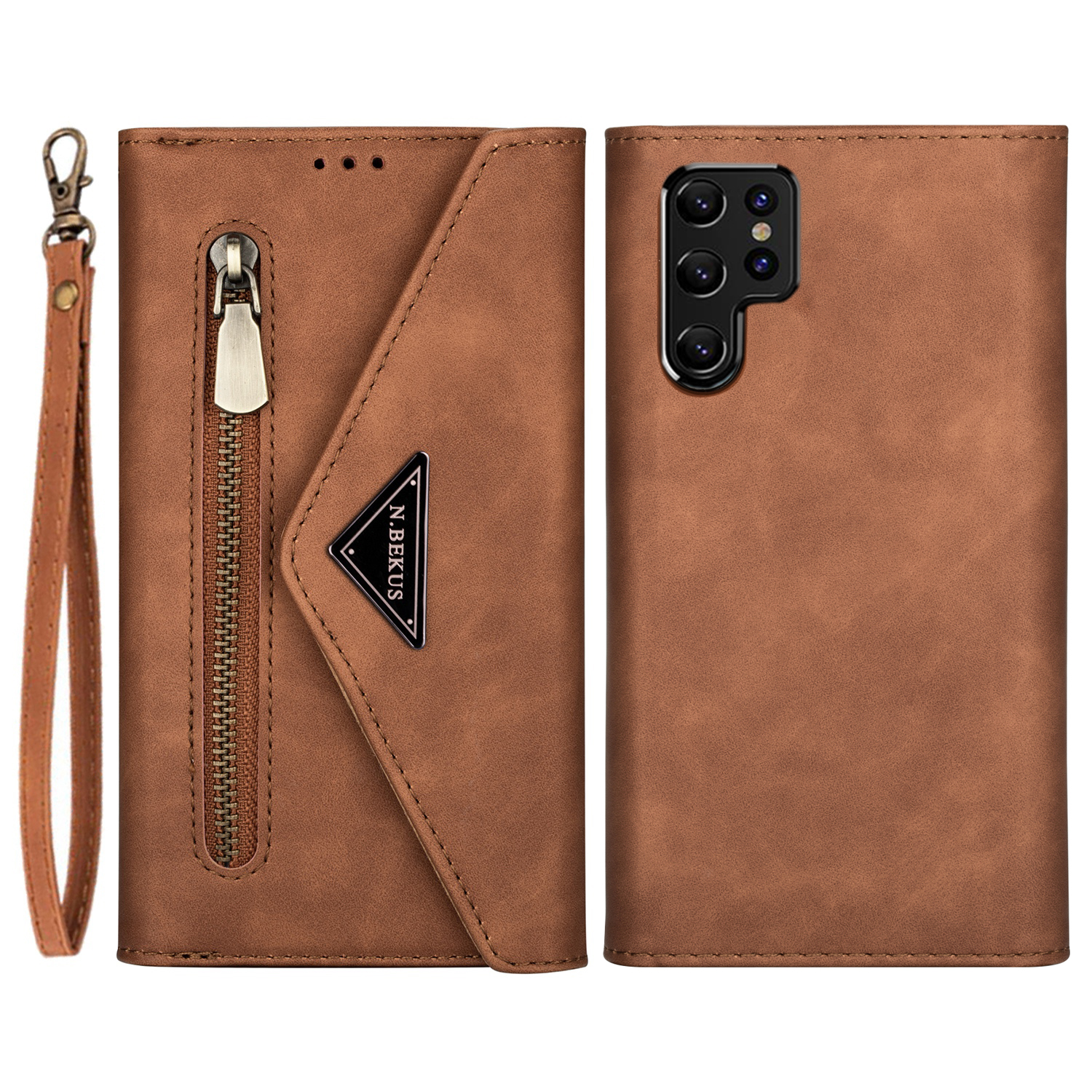 

Skin Feeling Leather Zipper Wallet Design Full Protection Phone Case Cover with Stand and Strap for Samsung Galaxy S22 Ultra 5G - Brown, Galaxy S22 Ultra 5G