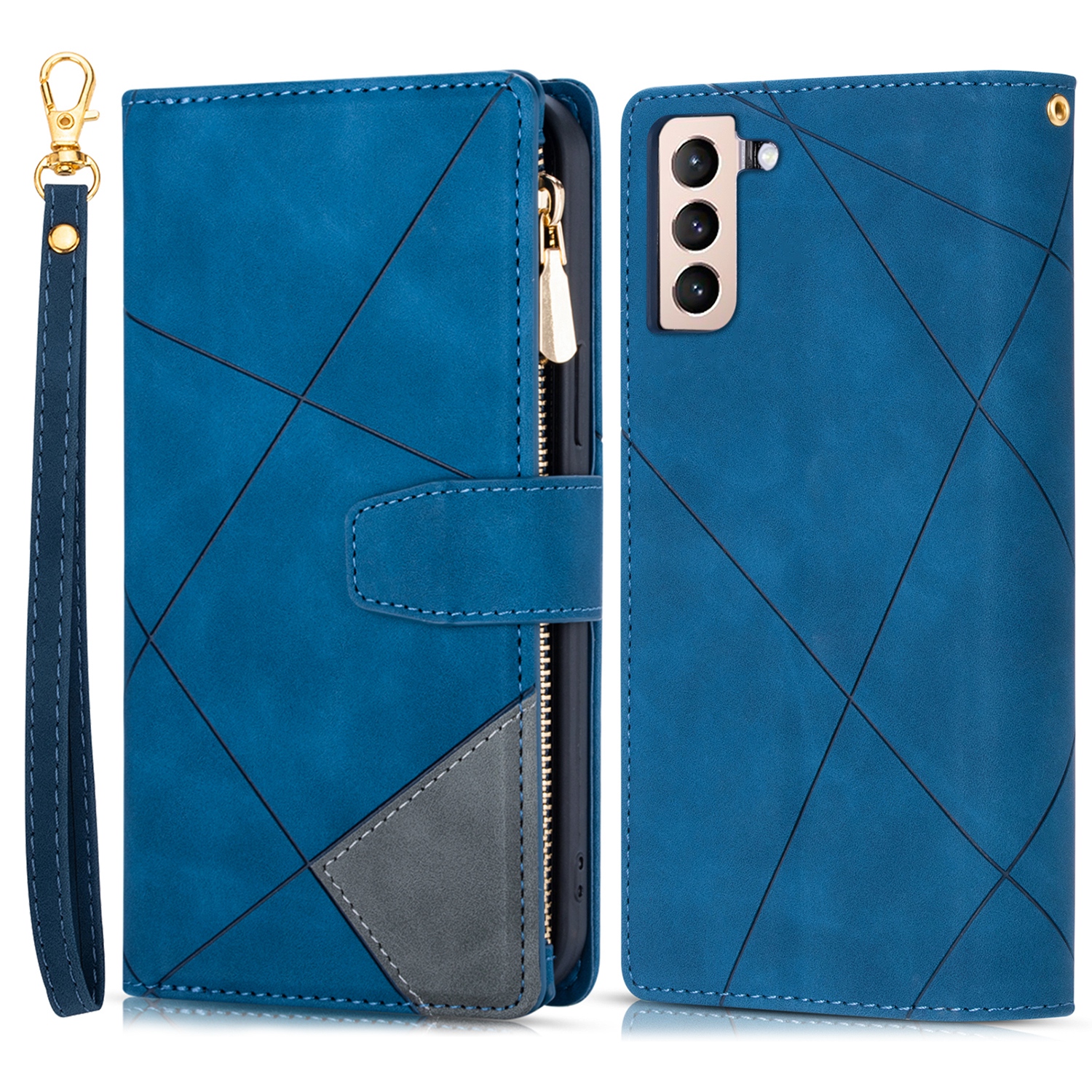 

Color Splicing Lines Imprinted Leather Cover Wallet Stand Phone Shell with Zipper Pocket for Samsung Galaxy S22+ 5G - Blue, Galaxy S22+ 5G