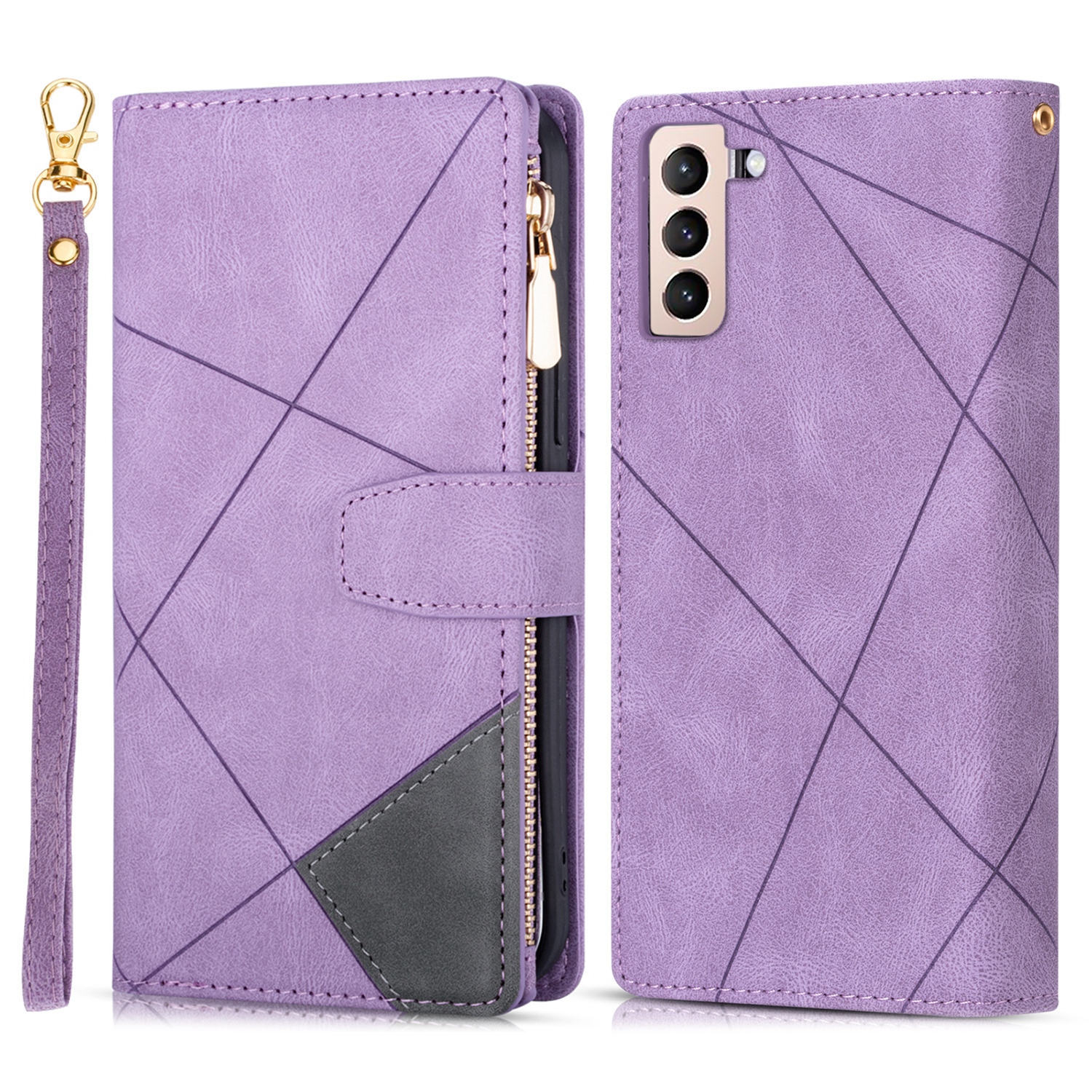

Color Splicing Lines Imprinted Leather Cover Wallet Stand Phone Shell with Zipper Pocket for Samsung Galaxy S22+ 5G - Purple, Galaxy S22+ 5G