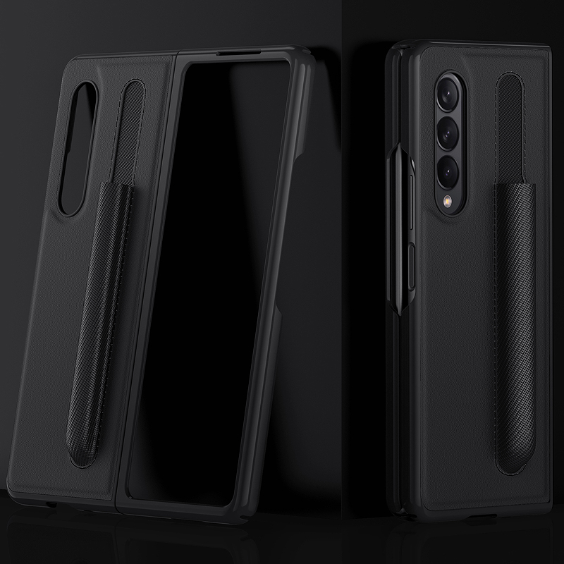

PU Leather Coated PC Case Large Cutouts with Pen Slot for Samsung Galaxy Z Fold3 5G - Classic Black, Galaxy Z Fold3 5G