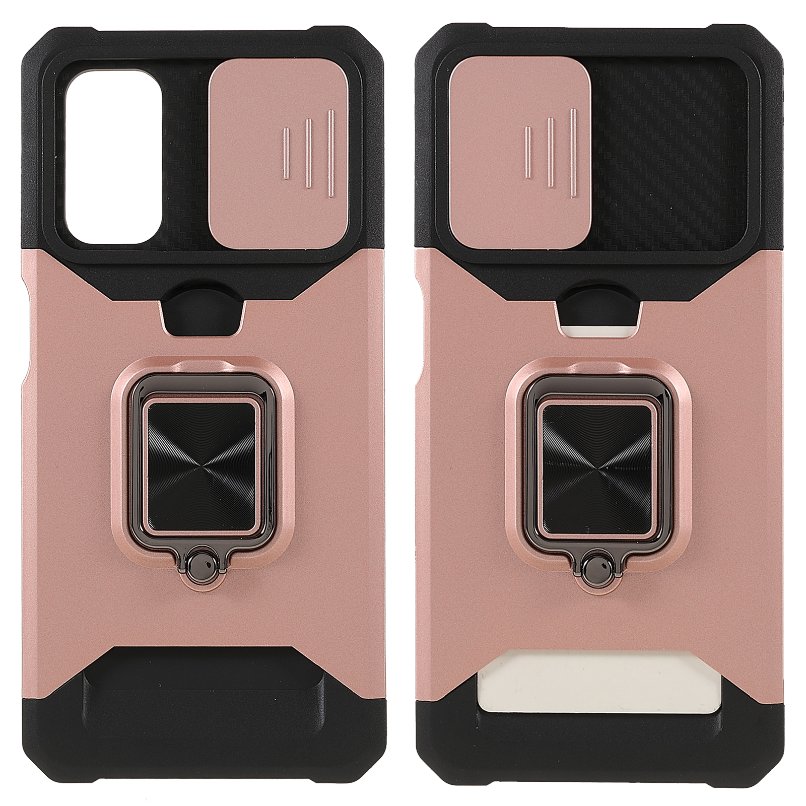 

PC + TPU Phone Case Camera Protective Slider Design Card Holder and Kickstand Phone Cover + Built-in Magnetic Metal Plate for Samsung Galaxy A13 5G - Rose Gold, Galaxy A13 5G
