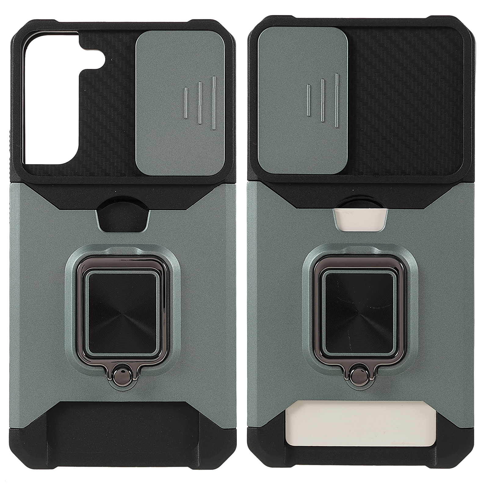 

PC + TPU Phone Case 2-in-1 Design Card Holder and Camera Slider with Built-in Magnetic Metal Plate + Kickstand for Samsung Galaxy S22+ 5G - Blackish Green, Galaxy S22+ 5G