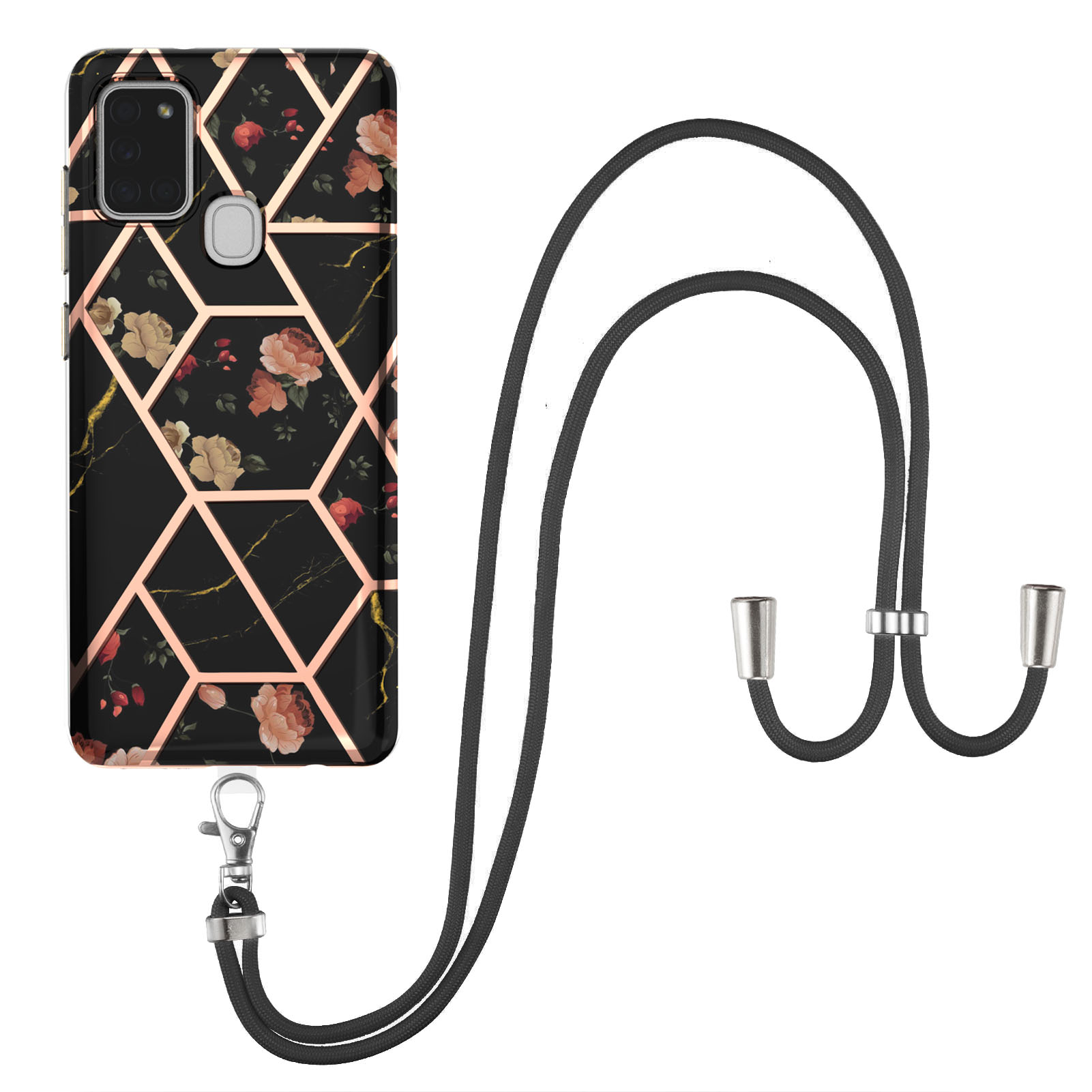 

Electroplating Soft TPU Phone Shell with IMD IML Marble Flower Pattern Drop-Resistant Phone Case + Shoulder Strap for Samsung Galaxy A21s - Black/Flowers, Galaxy A21s