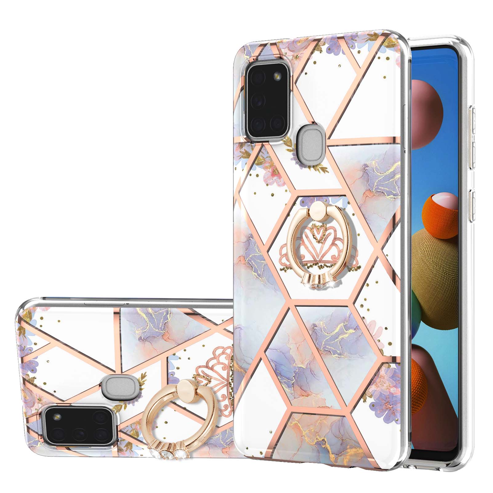 

IMD Marble Pattern Soft TPU Protective Phone Case Cover with Rotatable Ring Holder Kickstand for Samsung Galaxy A21s - Crown, Galaxy A21s