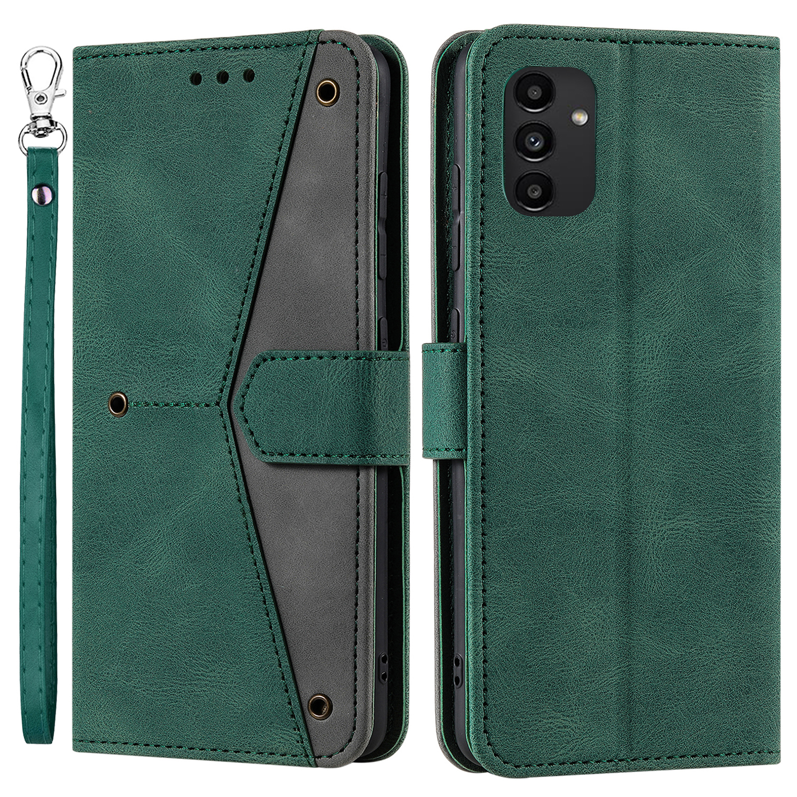 

Защитный Ремешок Защитный Крышка Сплайсинга Кожи PU и TPU Телефон Flip Case Shitking Skin Touch Swelet Для Samsung Galaxy A13 4G - Зеленый, Galaxy A13 4G