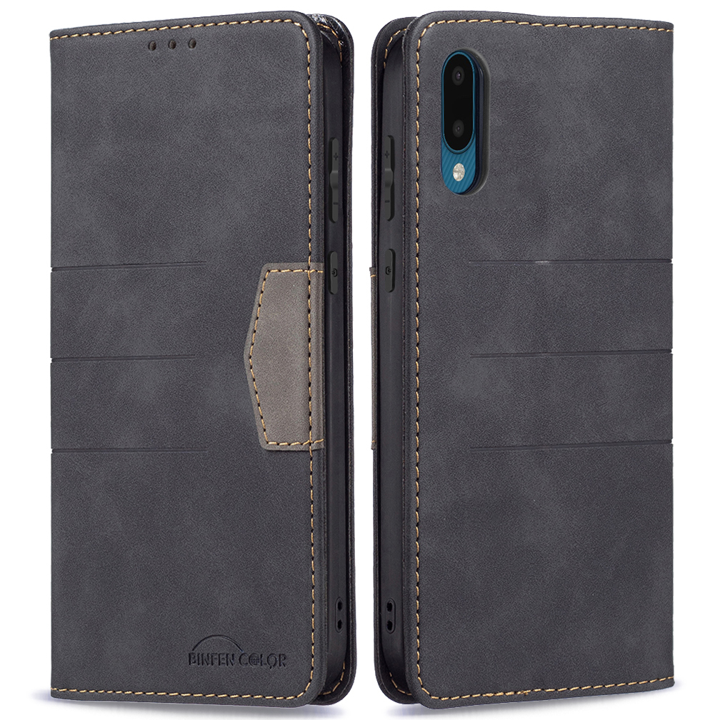 

BINFEN COLOR Fashionable Auto-absorption Phone Flip Cover Phone Case Splicing PU Leather Wallet for Samsung Galaxy M02/A02 - Black, Galaxy A02