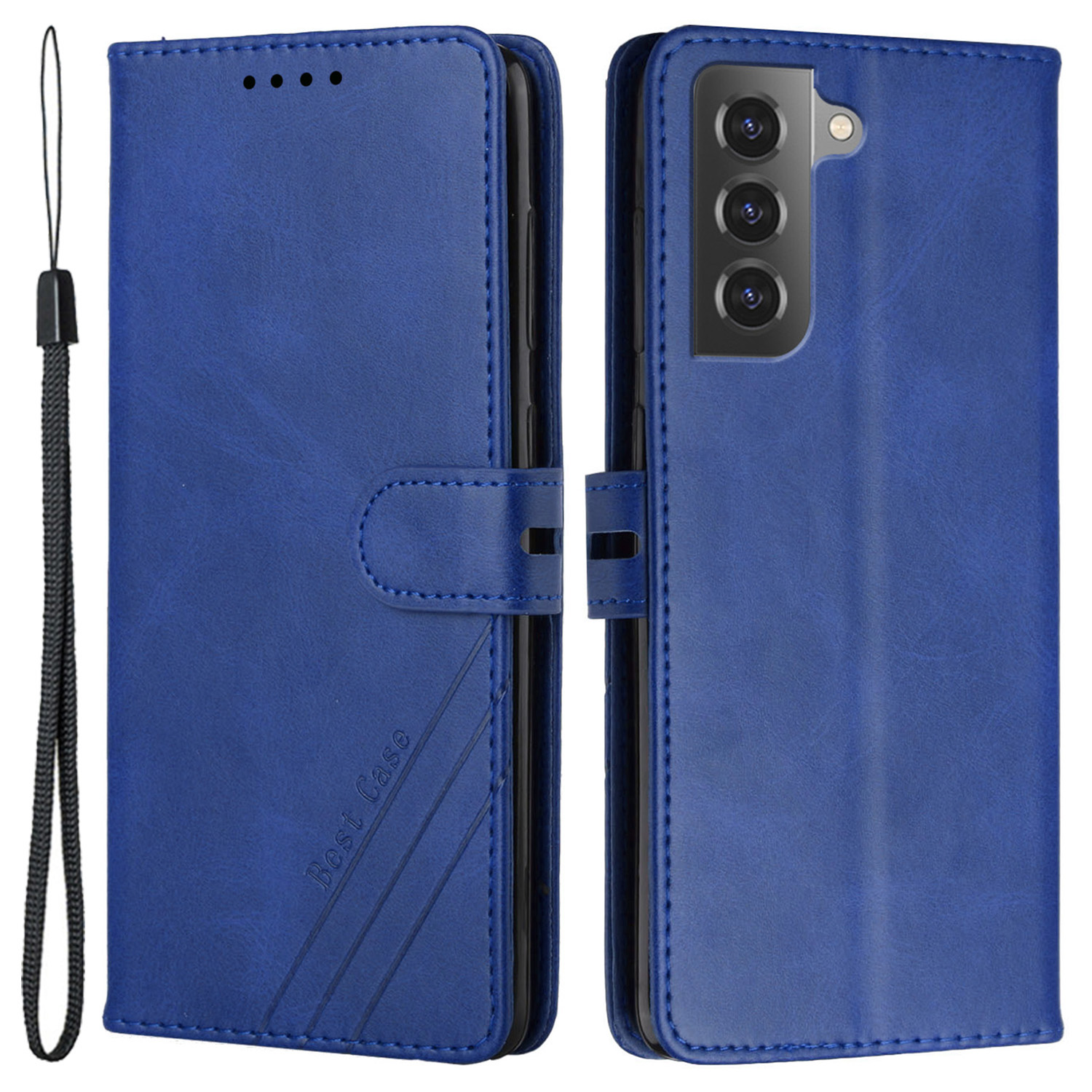 

Solid Color PU Leather Flip Folio Wallet Case Stand Scratch Resistant Full Protective Phone Cover with Strap for Samsung Galaxy S22 5G - Blue, Galaxy S22 5G