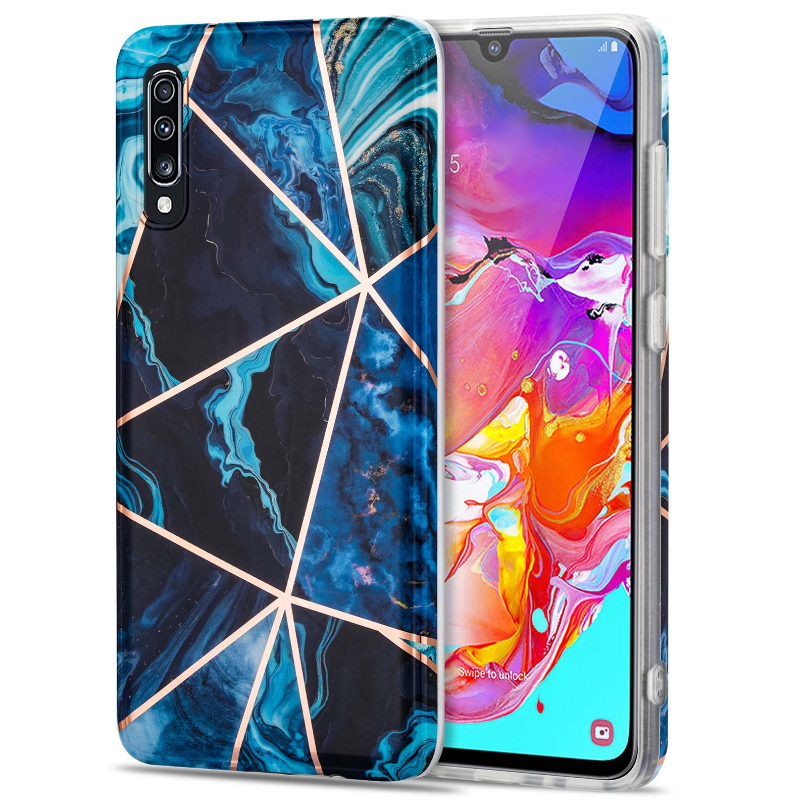 

Electroplating IMD Soft TPU Phone Protector Case Straight Edge Marble Pattern Splicing Anti-scratch Cover for Samsung Galaxy A70 - Blue, Galaxy A70