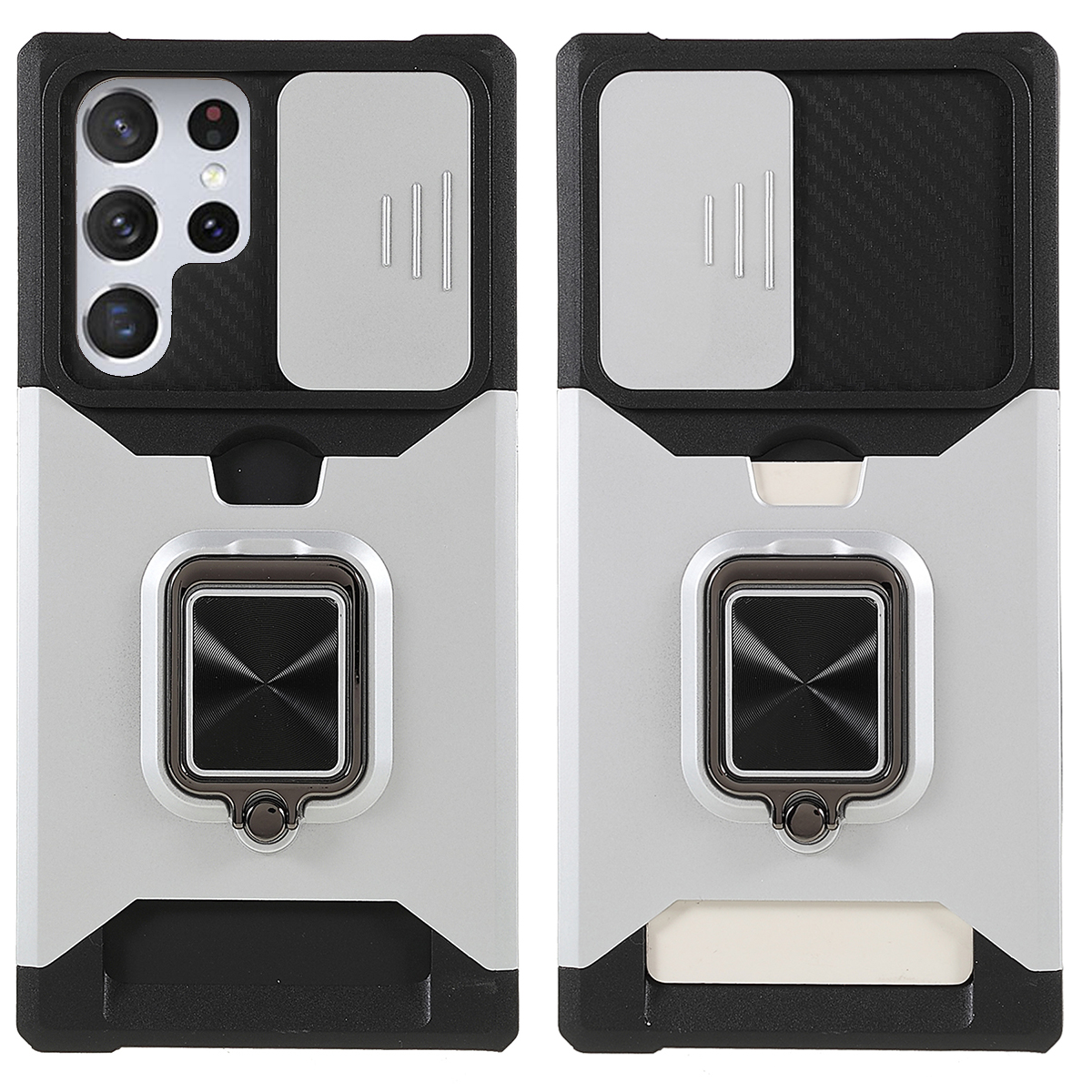 

Слайдер Камеры PC + TPU Phone Case Держатель Карты и Кик-стрижкой с Царапиной Устойчивый - Серебряный, Galaxy S22 Ultra 5G