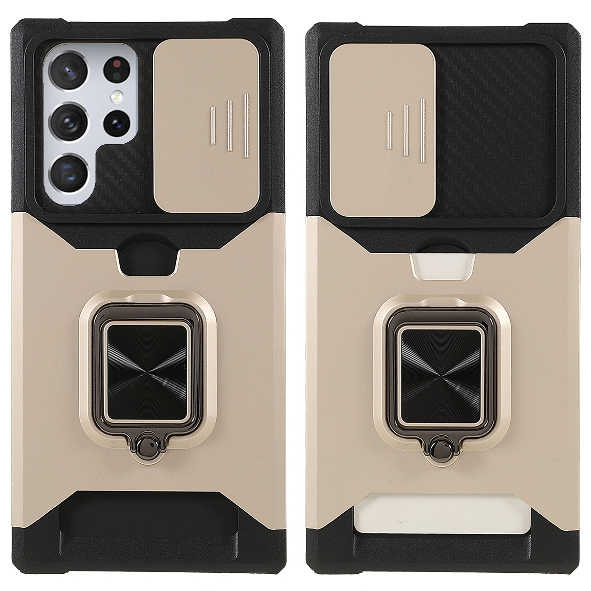 

Camera Slider PC + TPU Phone Case Card Holder and Kickstand Design Scratch-resistant Drop-proof Phone Cover for Samsung Galaxy S22 Ultra 5G - Gold, Galaxy S22 Ultra 5G