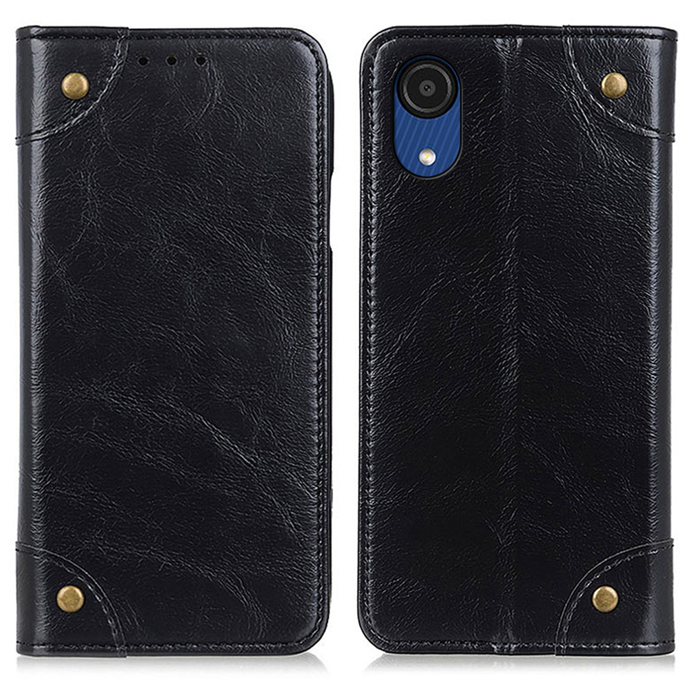 

Заклепка Декора PU Кожи + TPU Flip Phone Case Ambose, Противостоит Кошельке Стенд Магнитная Поглощенная Оболочка Для Samsung Galaxy A03 Core - Чернить, Samsung Galaxy A03 Core