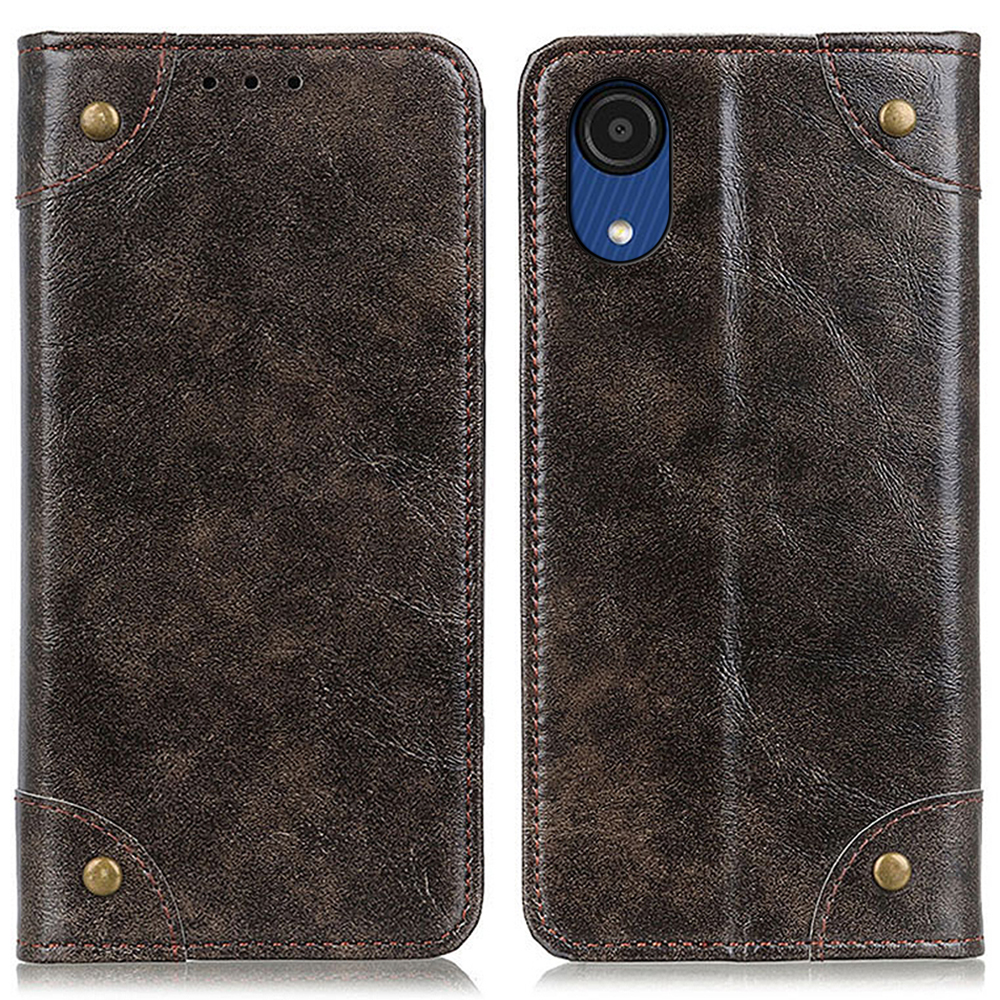 

Rivet Decor PU Leather+TPU Flip Phone Case Shockproof Wallet Stand Magnetic Absorbed Shell for Samsung Galaxy A03 Core - Coffee, Samsung Galaxy A03 Core