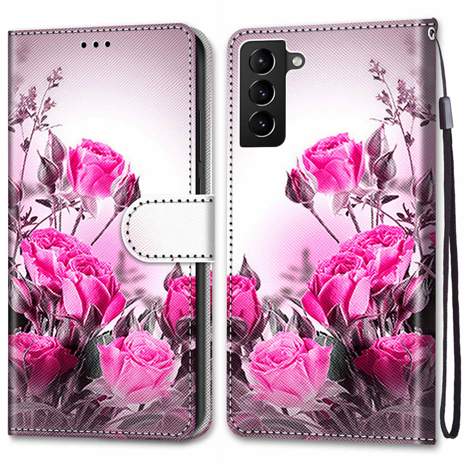 

Leather Cell Phone Case Color Pattern Printing with Wallet Stand Phone Accessories + Handy Strap for Samsung Galaxy S22+ 5G - A14 Pink Roses, Galaxy S22+ 5G