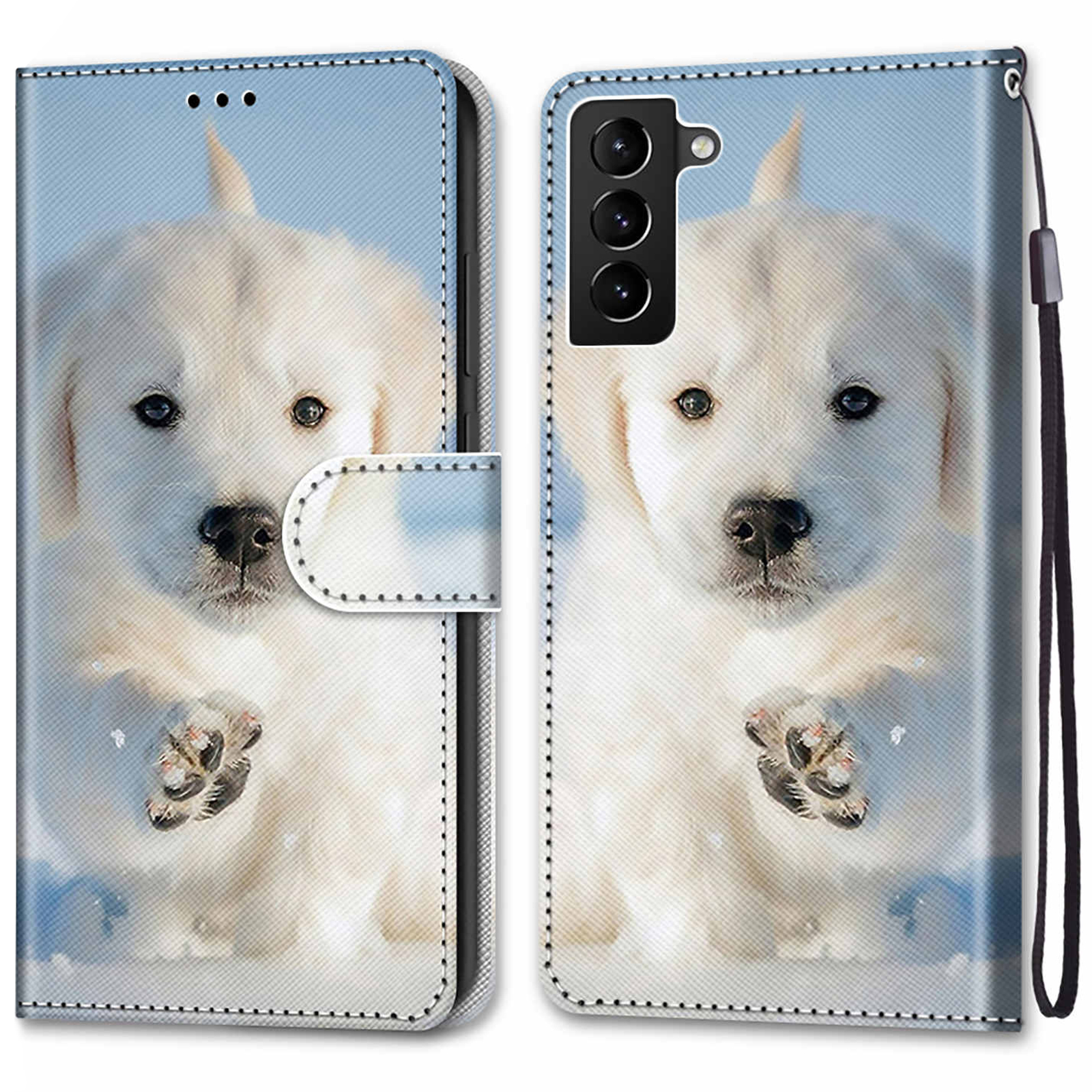 

Leather Cell Phone Case Color Pattern Printing with Wallet Stand Phone Accessories + Handy Strap for Samsung Galaxy S22+ 5G - A17 Dog and Snow, Galaxy S22+ 5G