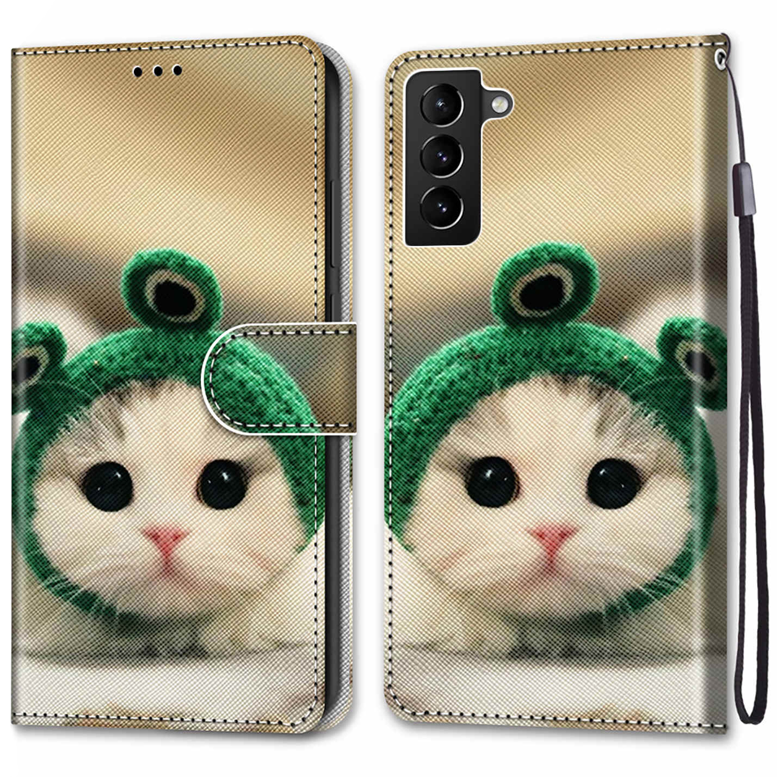 

Leather Cell Phone Case Color Pattern Printing with Wallet Stand Phone Accessories + Handy Strap for Samsung Galaxy S22+ 5G - A32 Kitten with Hat, Galaxy S22+ 5G