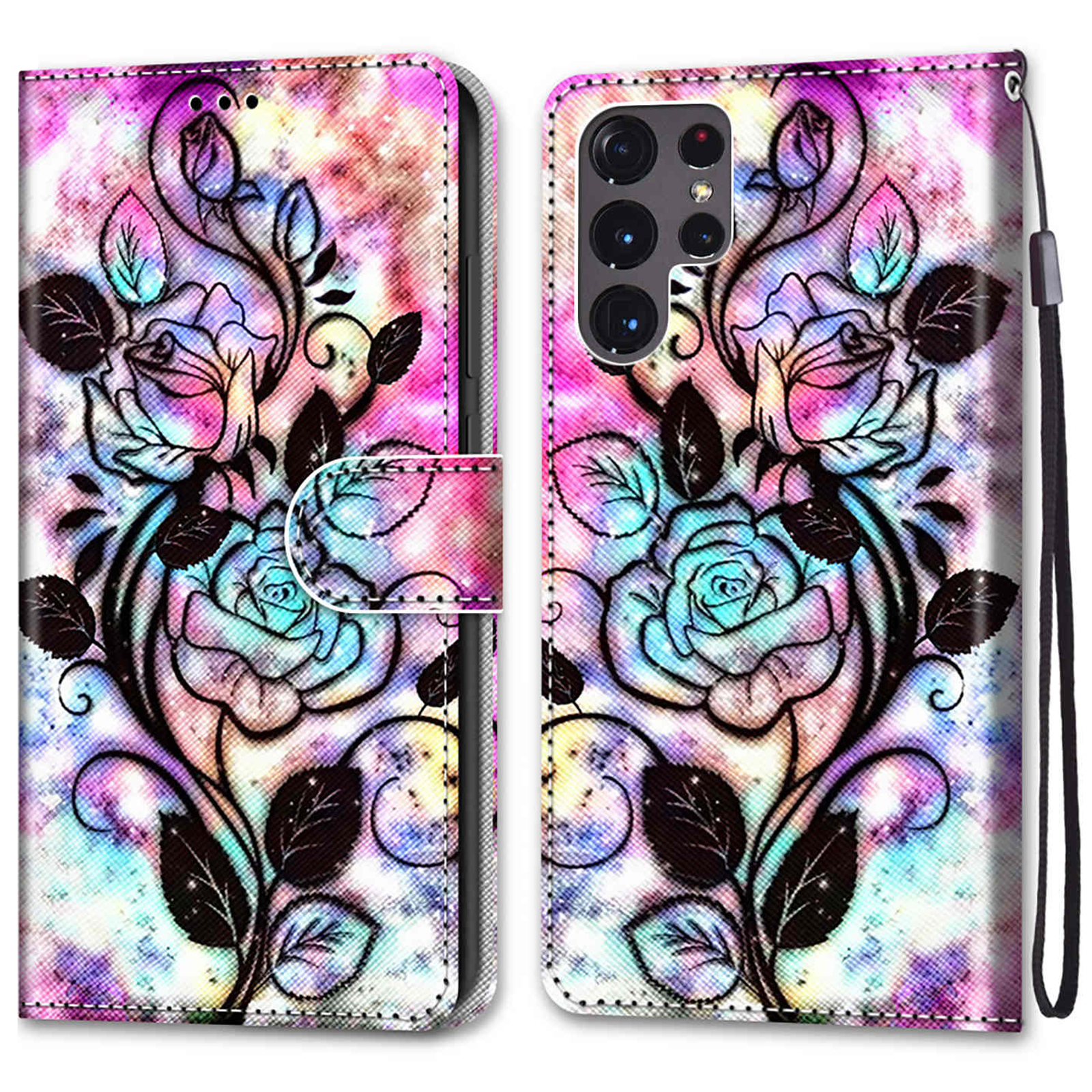 

Корпус Кожи Мобильного Телефона с Удобным Ремнем -кошельком Color Phitle Printing Chace 2022 Для Samsung Galaxy S22 Ultra 5G - A24 Полые Цветы, Galaxy S22 Ultra 5G