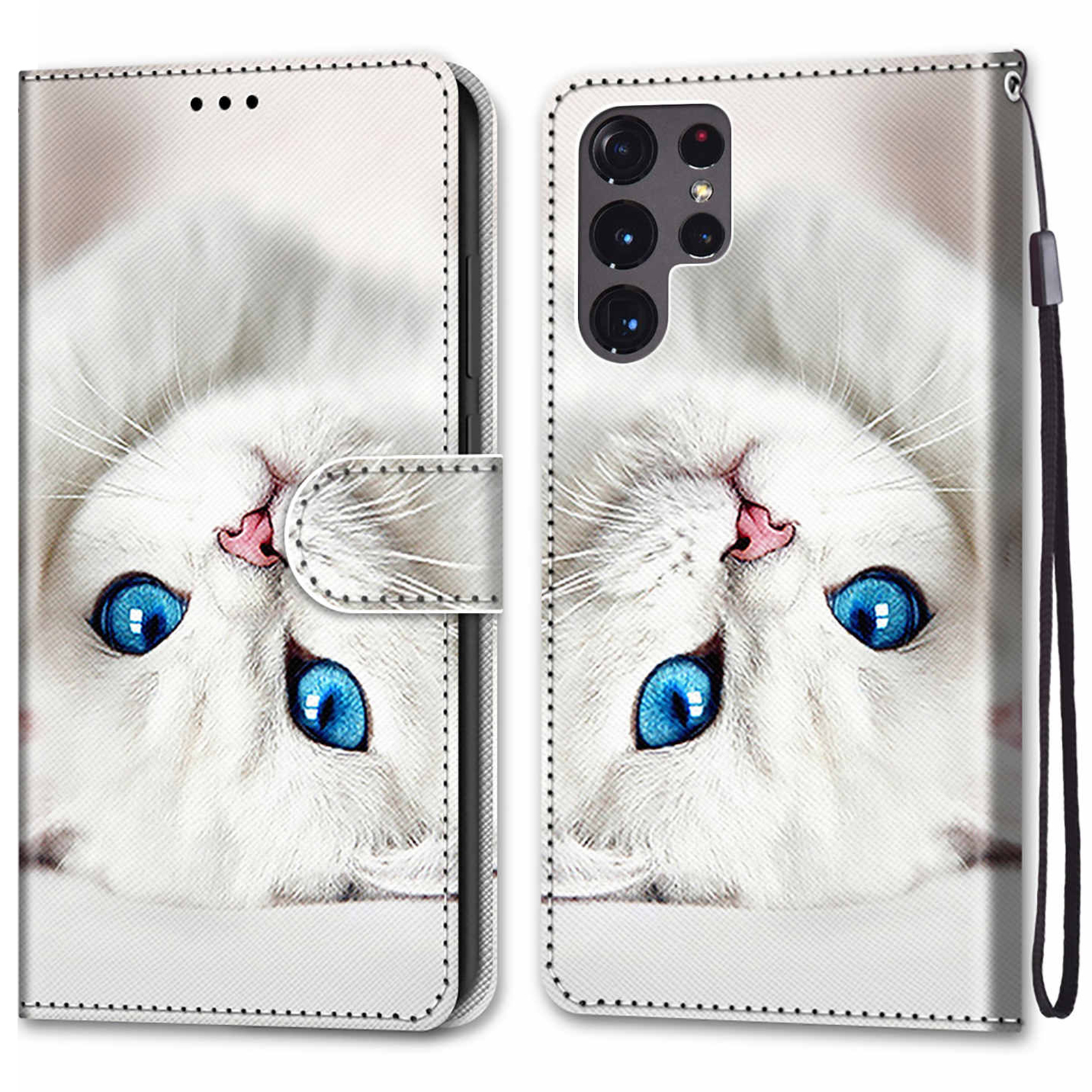 

Leather Cell Phone Case with Handy Strap Wallet Stand Color Pattern Printing Phone Case 2022 for Samsung Galaxy S22 Ultra 5G - A34 White Cat, Galaxy S22 Ultra 5G