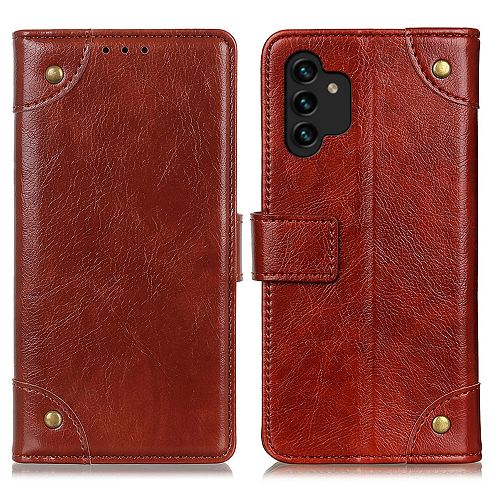 

Nappa Texture PU Leather Flip Folio Case Stand Wallet Phone Cover with Brass Button Decor for Samsung Galaxy A13 5G - Brown, Galaxy A13 5G