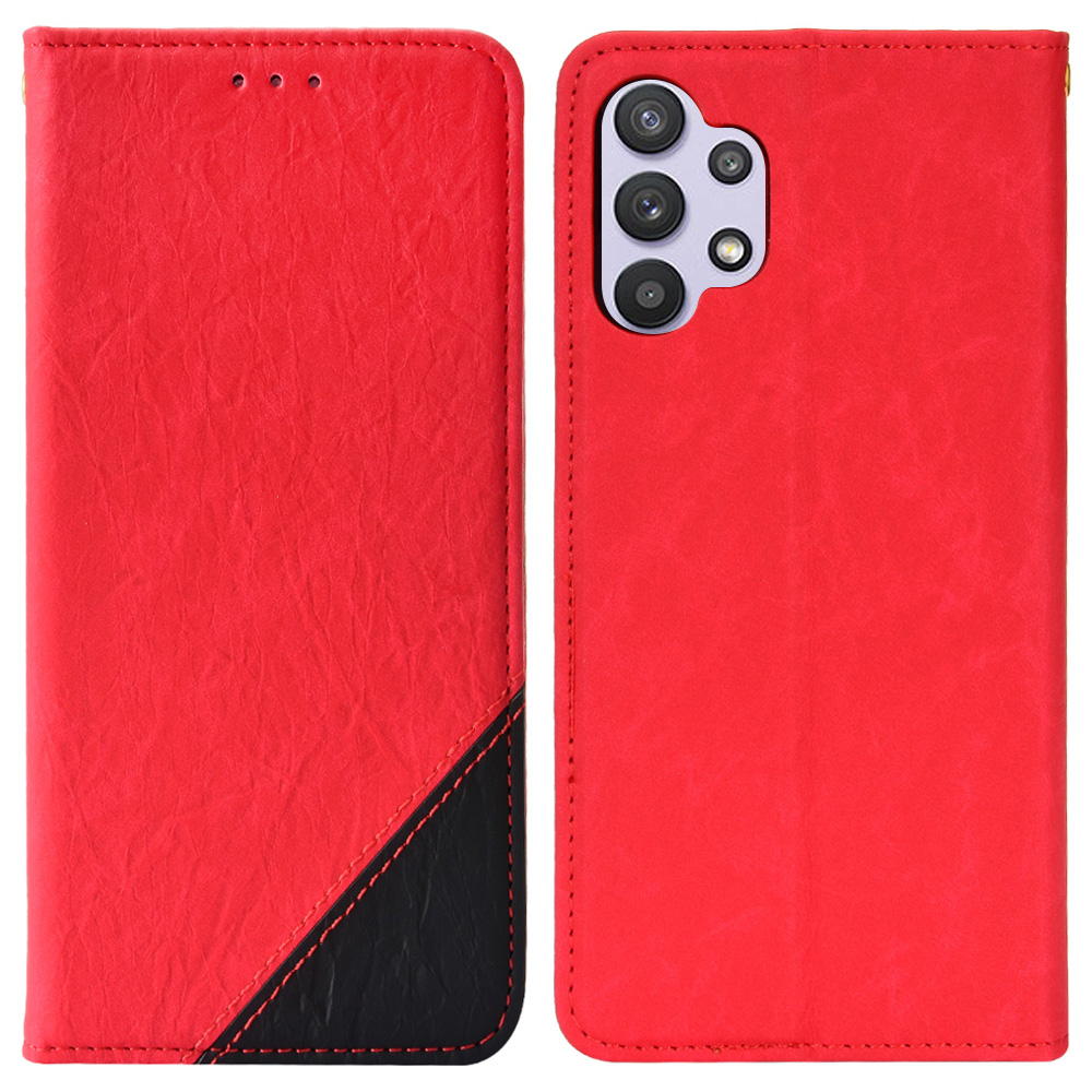 

Color Splicing Drop-resistant Folio Flip Leather Phone Cover Case with Wallet Stand for Samsung Galaxy A32 5G/M32 5G - Red, Galaxy A32 5G