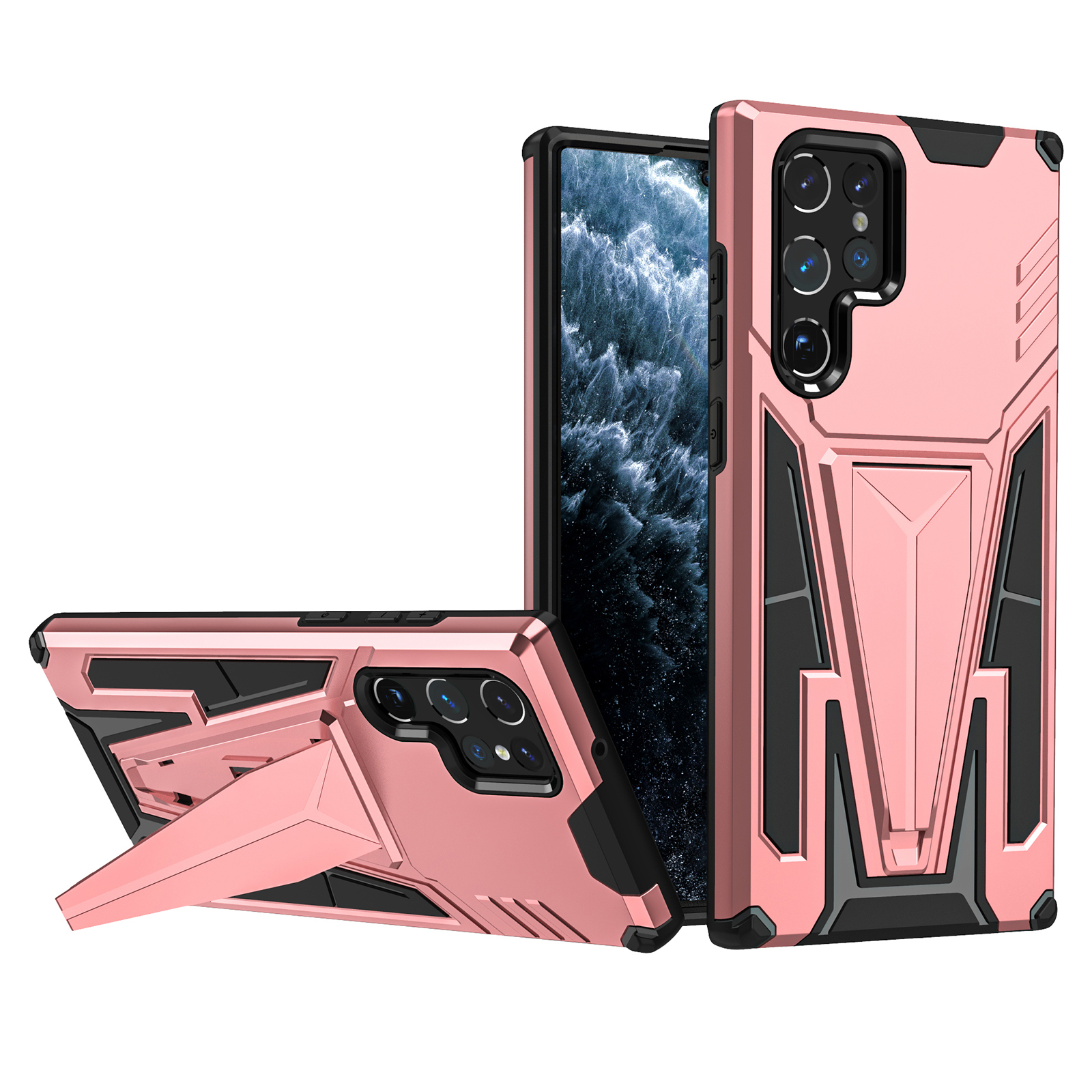 

Car Mount Holder Metal Sheet PC + TPU Phone Case V-Shaped Kickstand Protective Cover for Samsung Galaxy S22 Ultra 5G - Rose Gold, Galaxy S22 Ultra 5G