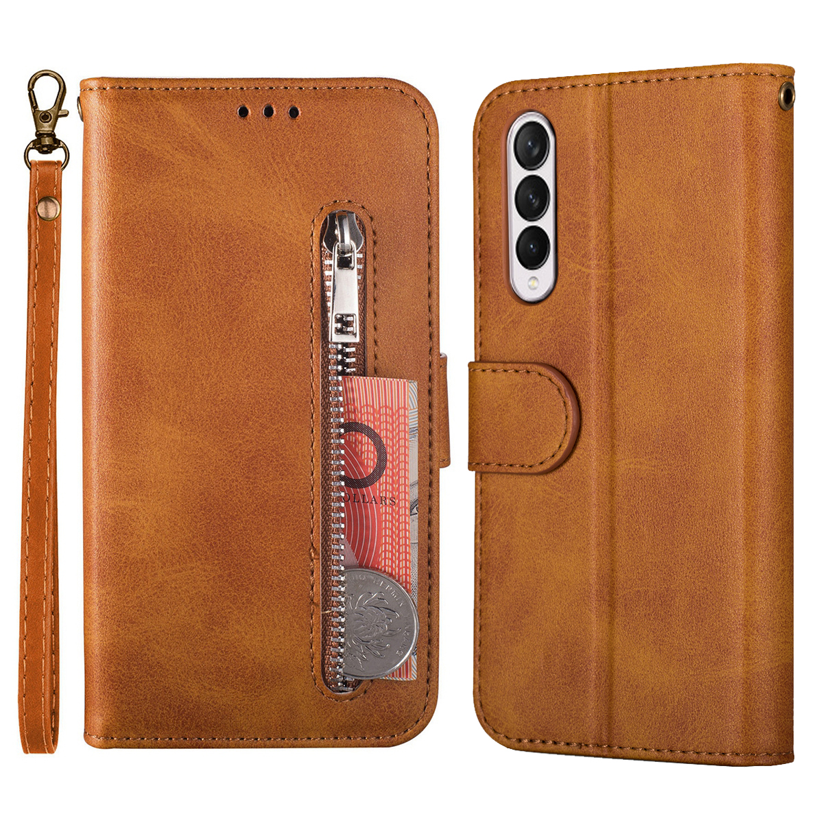

Wallet Stand Design Zipper Pocket Textured Anti-shock PU Leather Coated TPU Phone Case Cover for Samsung Galaxy Z Fold3 5G - Brown, Galaxy Z Fold3 5G