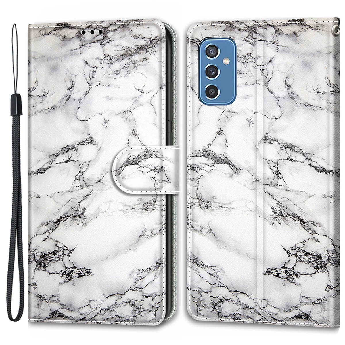 

Pattern Printing PU Leather Flip Stand Card Slots Shockproof Protective Cover with Strap for Samsung Galaxy M52 5G - C01 White Marble, Samsung Galaxy M52 5G