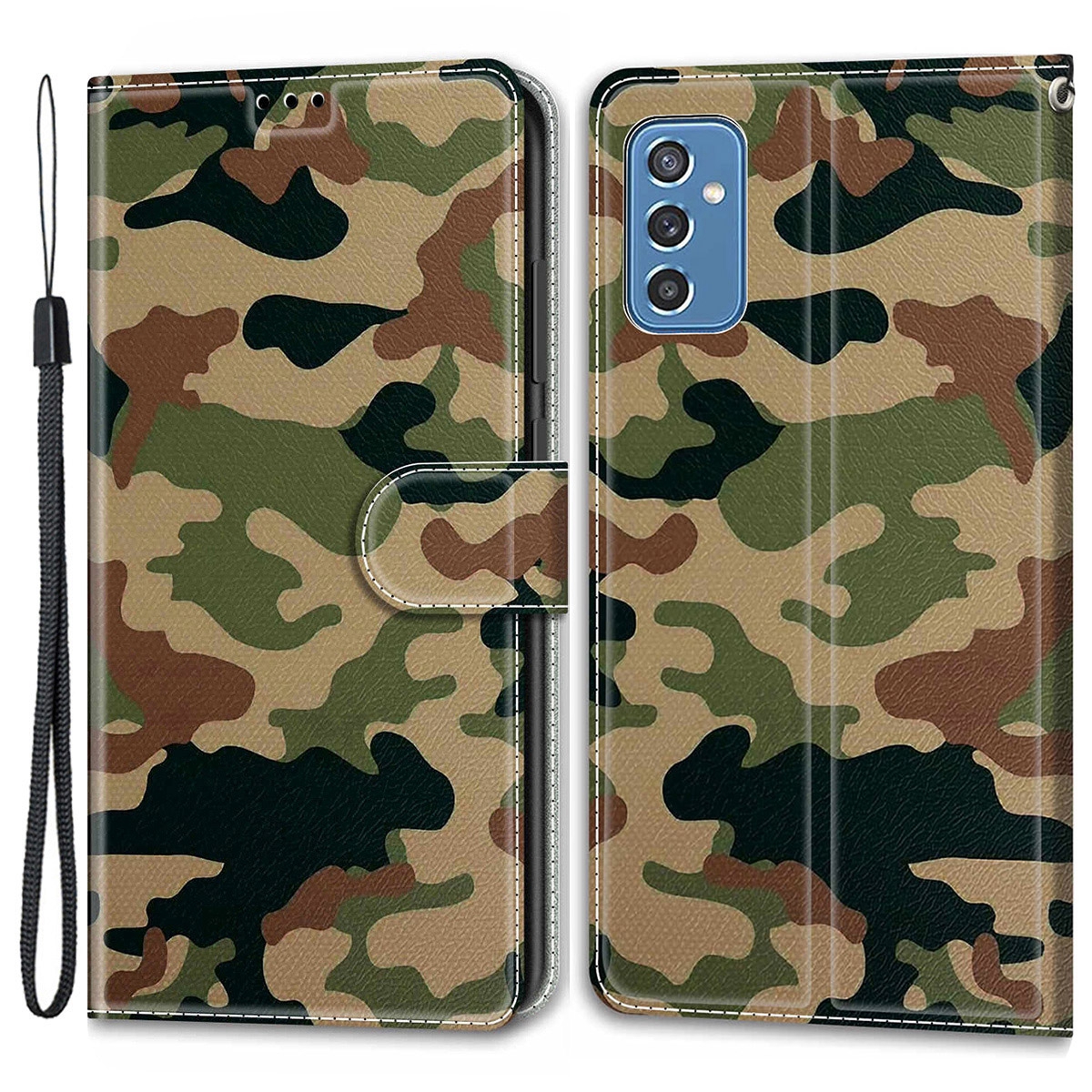 

Pattern Printing PU Leather Flip Stand Card Slots Shockproof Protective Cover with Strap for Samsung Galaxy M52 5G - C12 Camouflage, Samsung Galaxy M52 5G