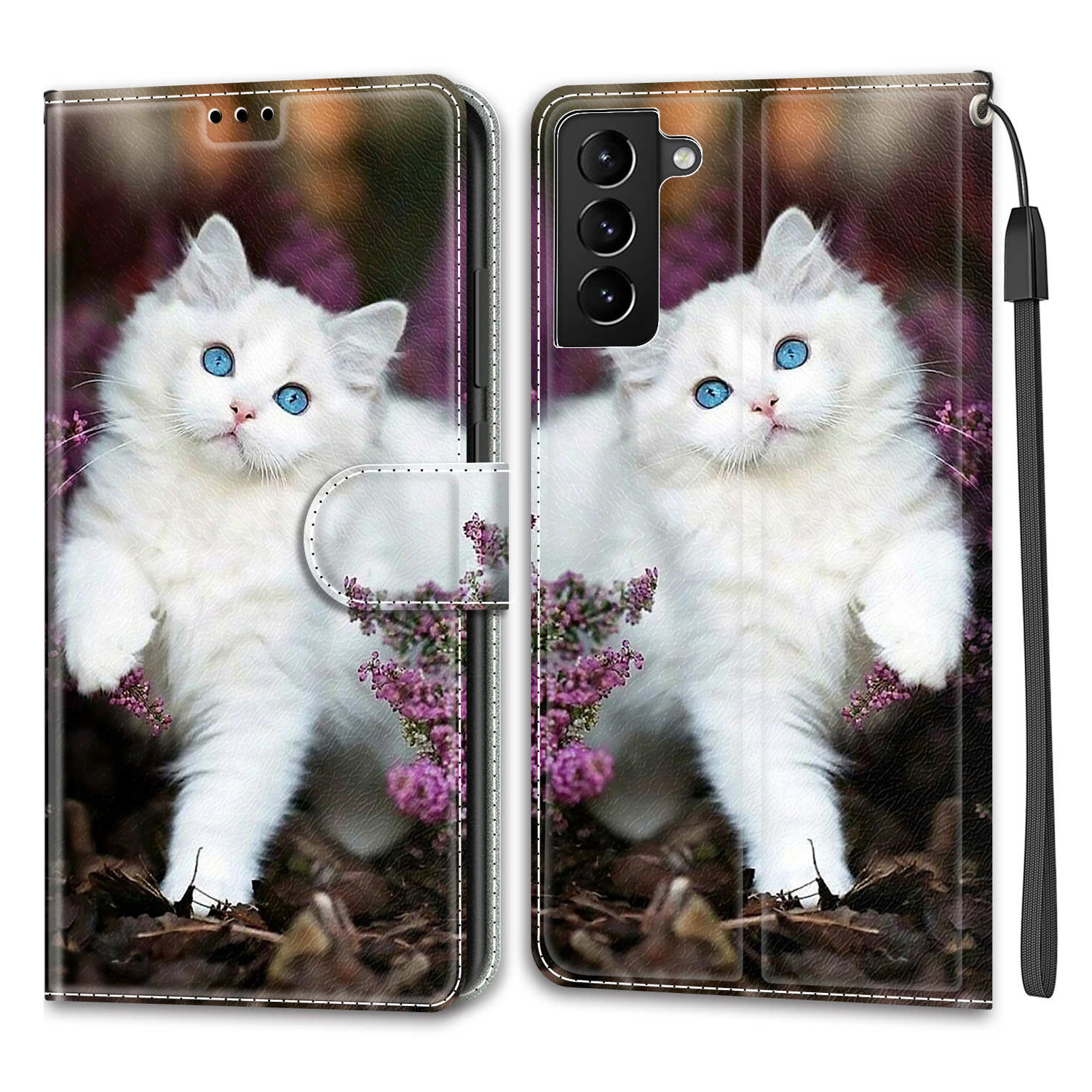 

Anti-scratch Mobile Phone Shell Pattern Printing PU Leather Stand Card Holder Phone Case with Wrist Strap for Samsung Galaxy S22+ 5G - C08 White Cat, Galaxy S22+ 5G