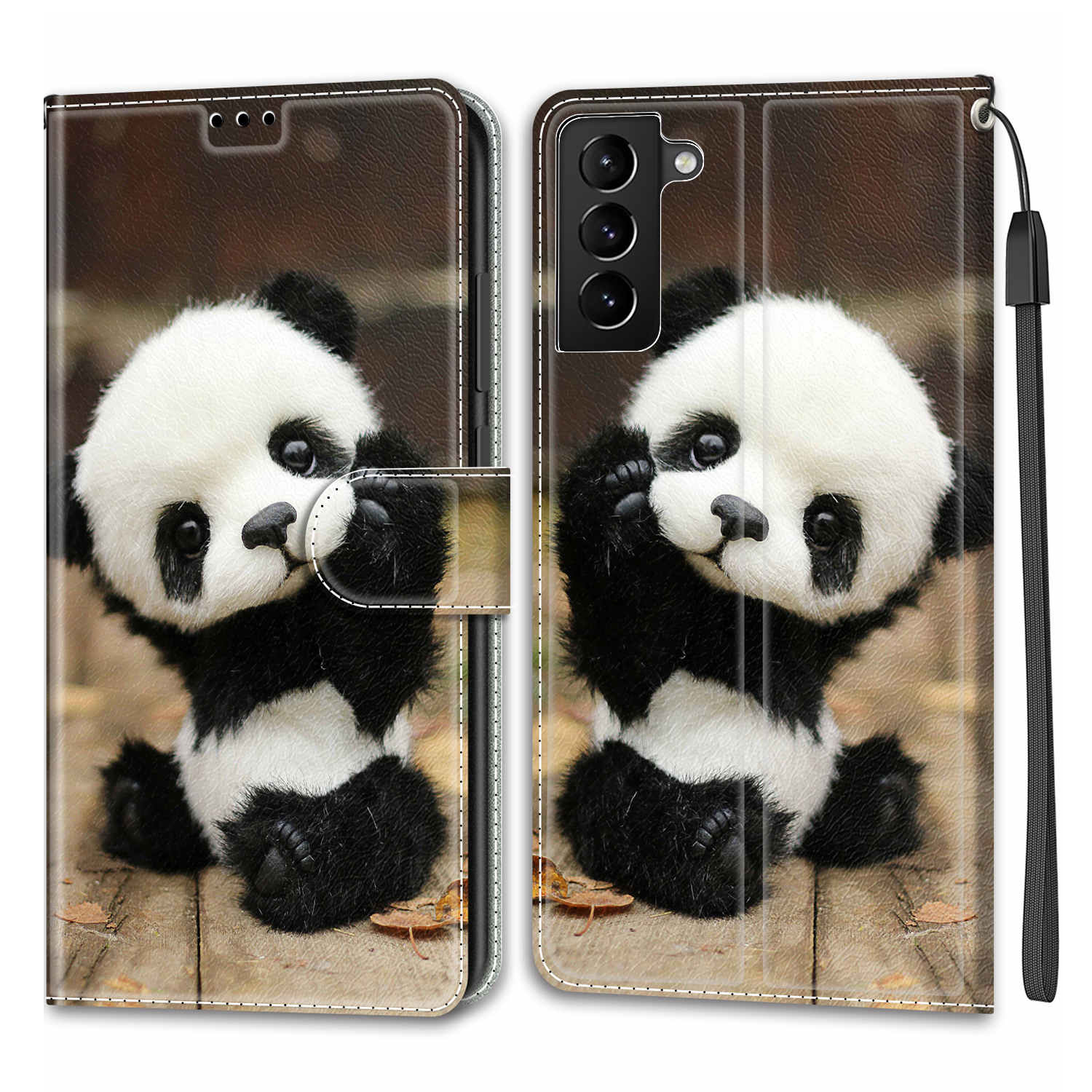 

Anti-scratch Mobile Phone Shell Pattern Printing PU Leather Stand Card Holder Phone Case with Wrist Strap for Samsung Galaxy S22+ 5G - C18 Panda, Galaxy S22+ 5G