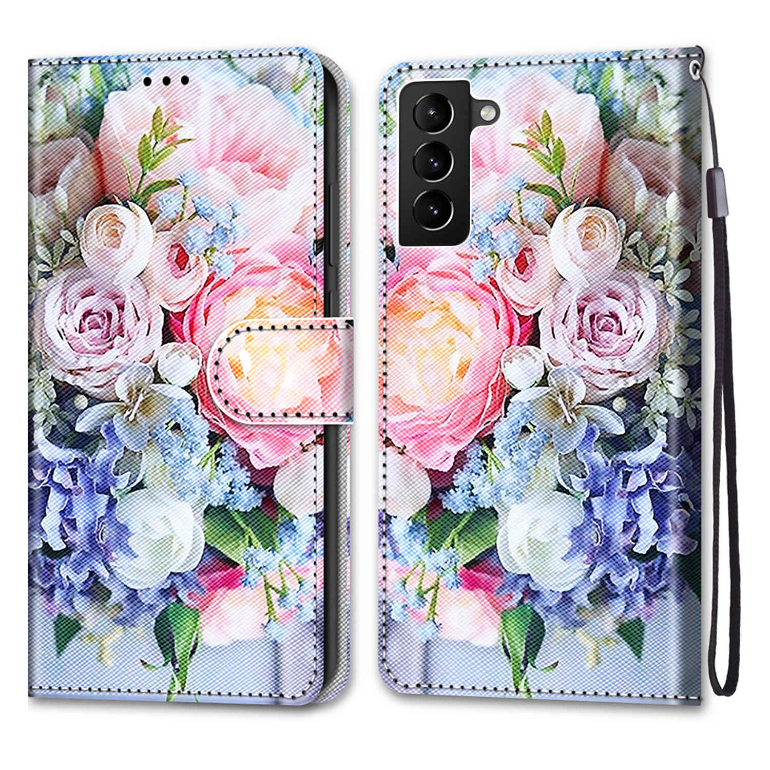 

Дизайн Кошелька Печать PU Кожаная Подставка Flip Protective Cover с Ремешком Для Samsung Galaxy S22+ 5G - B16 Светло -розовый Букет, Galaxy S22+ 5G