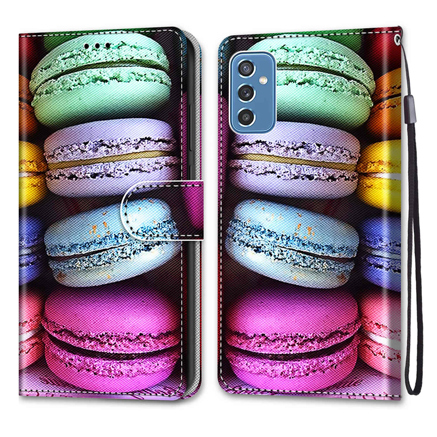

Pattern Printing PU Leather Wallet Phone Case Stand Shockproof Flip Protective Cover with Strap for Samsung Galaxy M52 5G - B19 Colorful Macaroons, Samsung Galaxy M52 5G