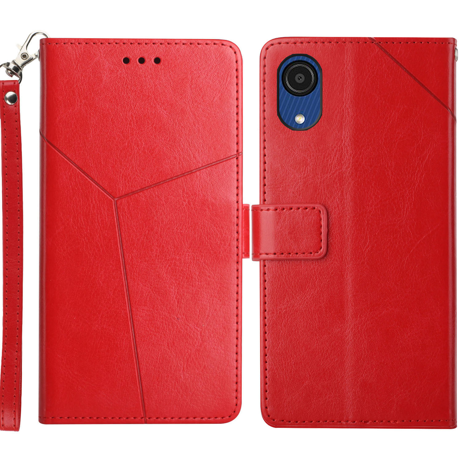 

Fashionable Mobile Phone Cover Y-shaped Lines Imprinted Handy Strap Magnetic PU Leather Stand Wallet Case for Samsung Galaxy A03 Core - Red, Samsung Galaxy A03 Core