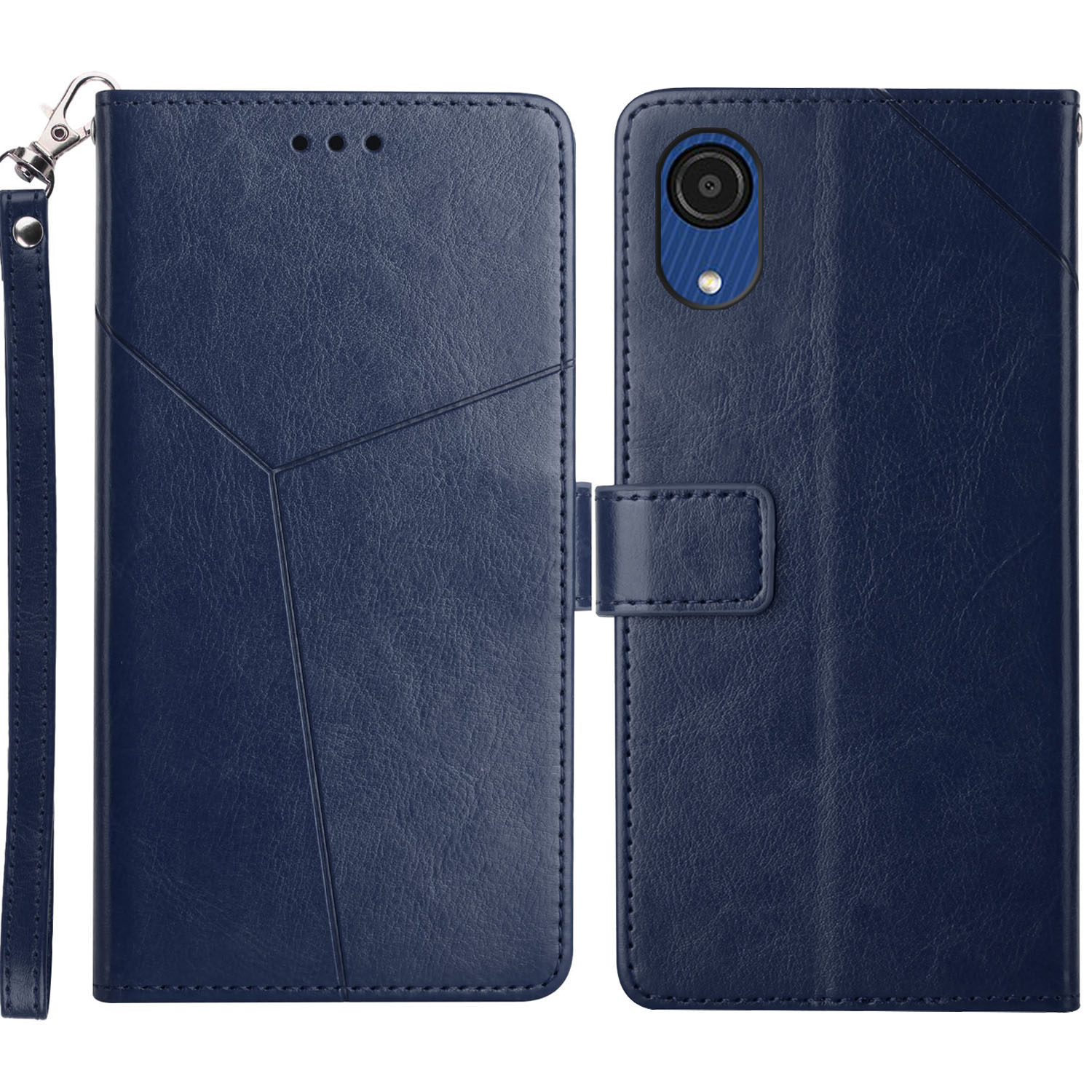 

Fashionable Mobile Phone Cover Y-shaped Lines Imprinted Handy Strap Magnetic PU Leather Stand Wallet Case for Samsung Galaxy A03 Core - Blue, Samsung Galaxy A03 Core