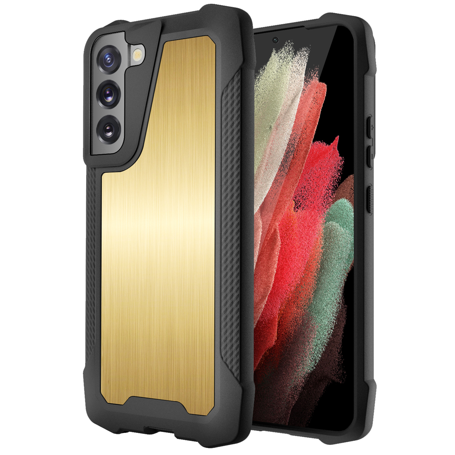 

Stainless Steel Back + PC + TPU Bumper Phone Case Scratch Resistant Phone Protector for Samsung Galaxy S22 5G - Brushed/Gold, Galaxy S22 5G