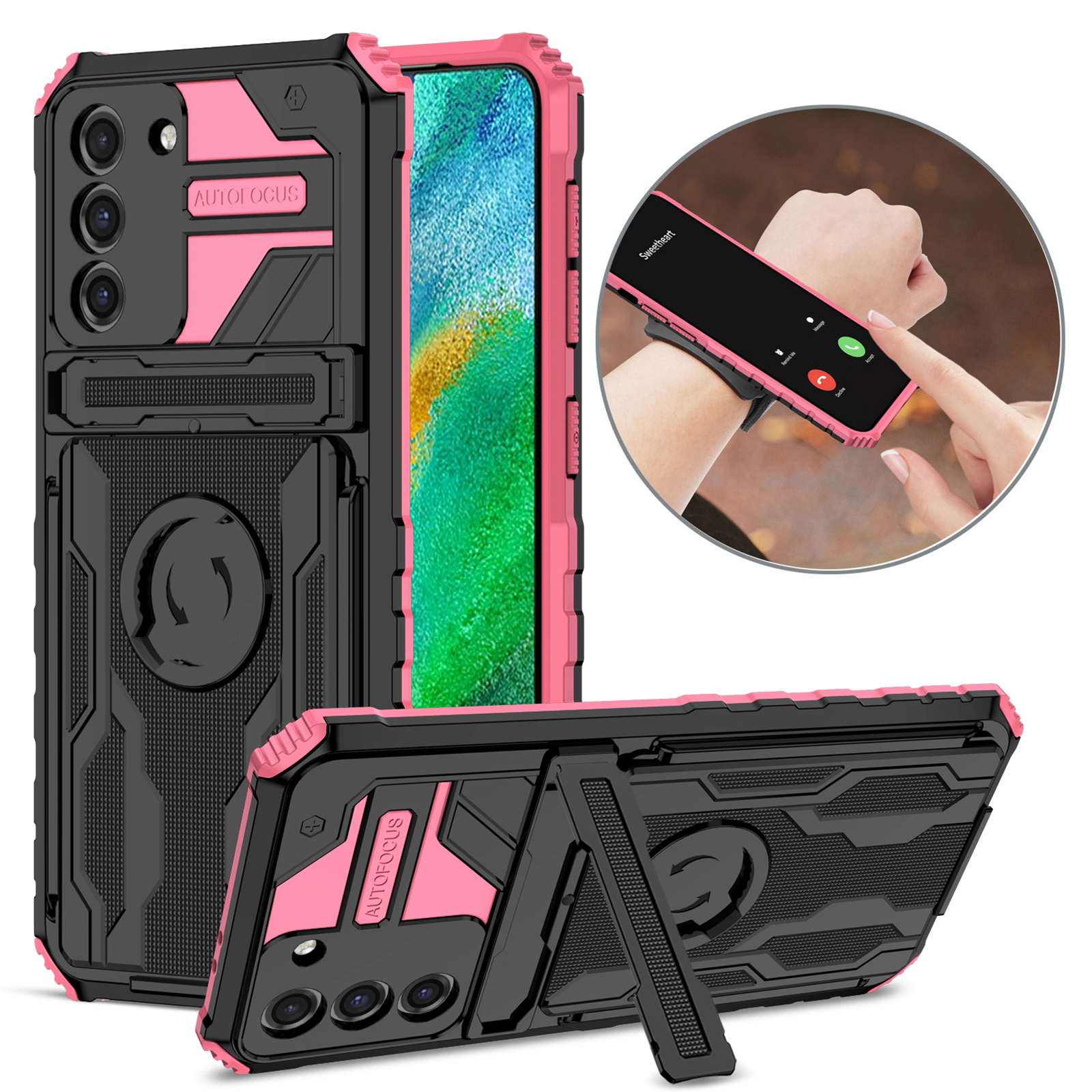 

ENKAY HAT PRINCE Dustproof Mobile Phone Cover PC + TPU Phone Case with Kickstand and Sport Armband for Samsung Galaxy S21+ 5G - Pink, Galaxy S21+ 5G