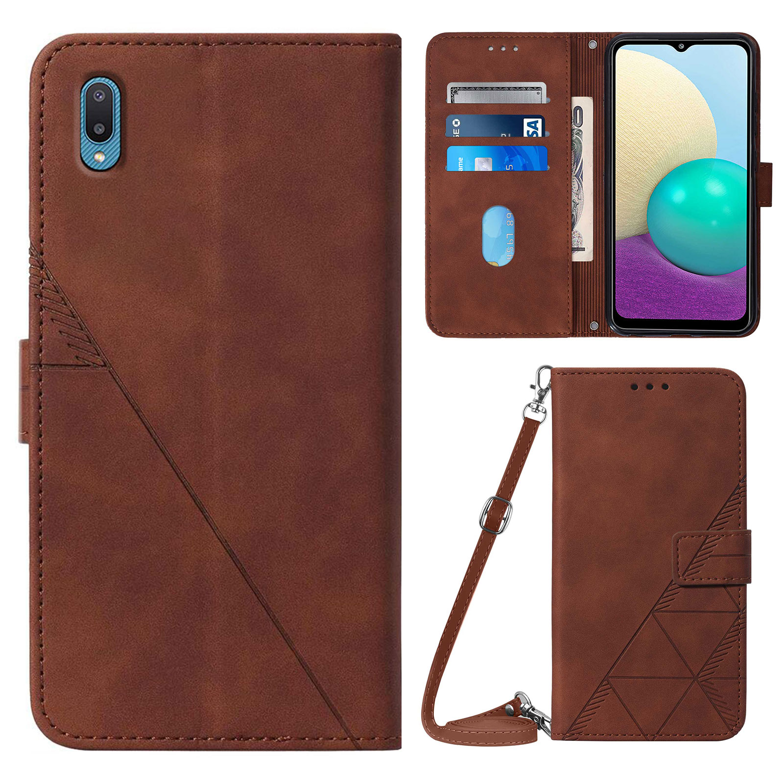 

PB2-1 Series Imprinting Lines PU Leather Stand Wallet Phone Cover Full Protection Magnetic Clasp Case with Shoulder Strap for Samsung Galaxy A02/M02 - Brown, Galaxy A02