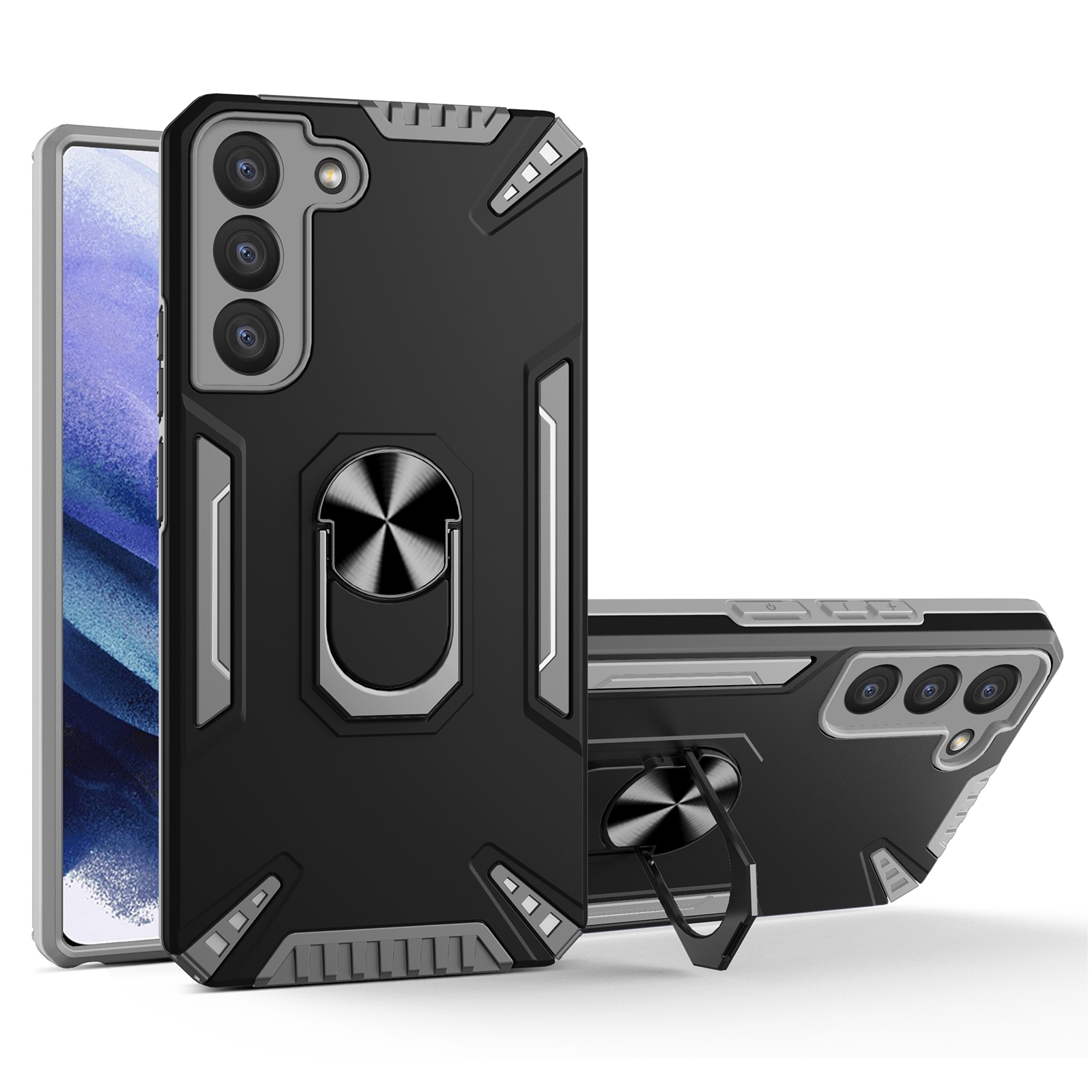 

Ring Holder Kickstand Hard PC Back Soft TPU Heavy Duty Shockproof Protective Phone Case for Samsung Galaxy S22+ 5G - Grey, Galaxy S22+ 5G