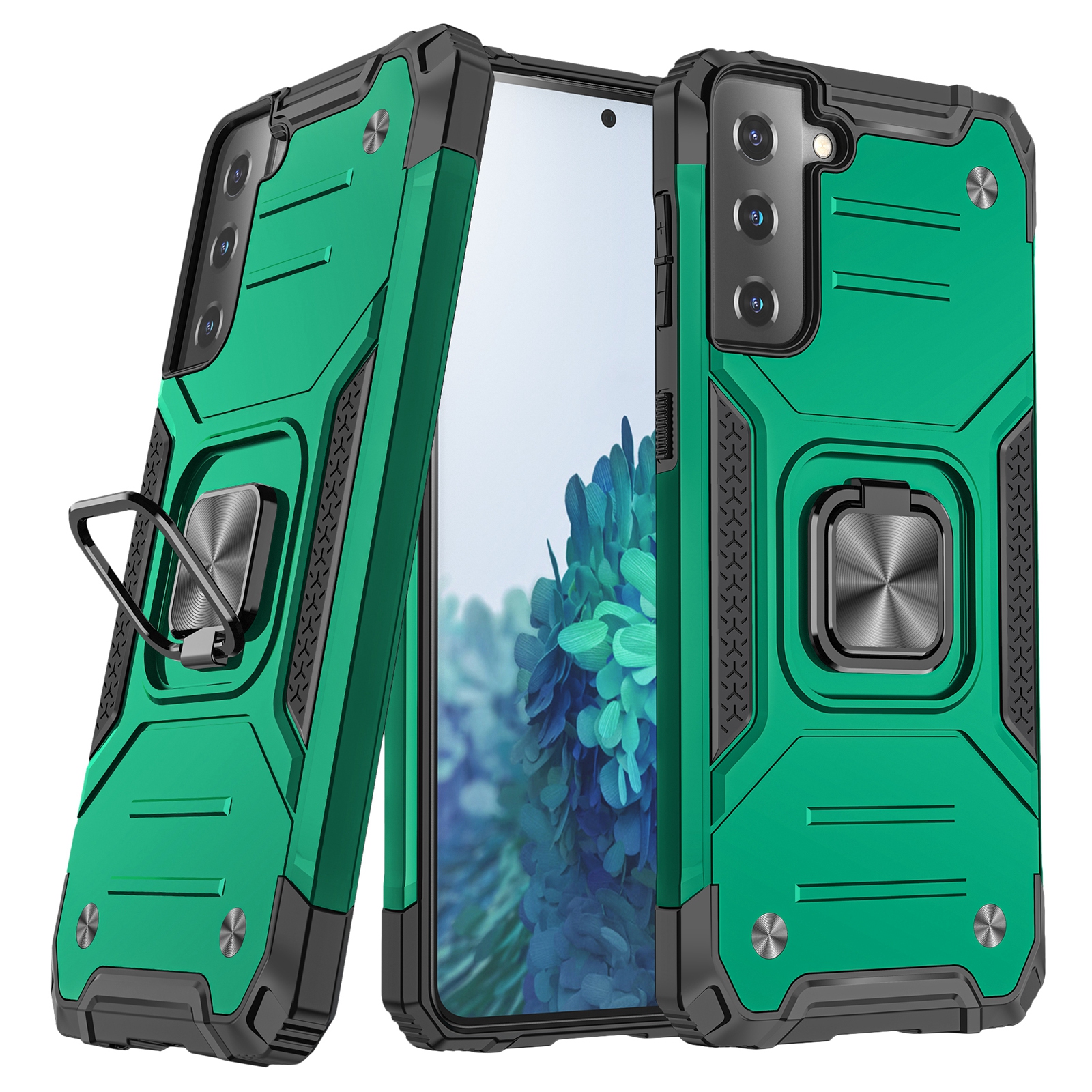 

Dual-Layer Shock-Absorption Hard PC Soft TPU Case with Ring Holder Kickstand for Samsung Galaxy S22+ 5G - Blackish Green, Galaxy S22+ 5G
