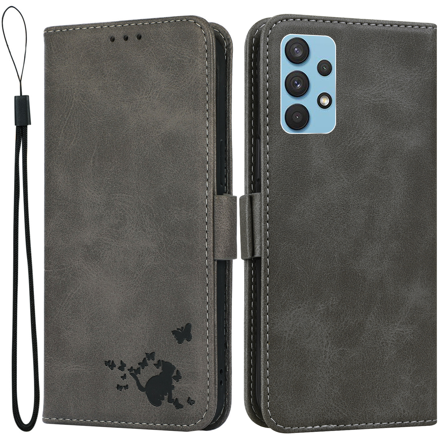 

For Samsung Galaxy A13 4G Cute Cat Butterfly Imprinting PU Leather Wallet Stand Phone Drop-proof Case Shell with Strap - Grey, Galaxy A13 4G