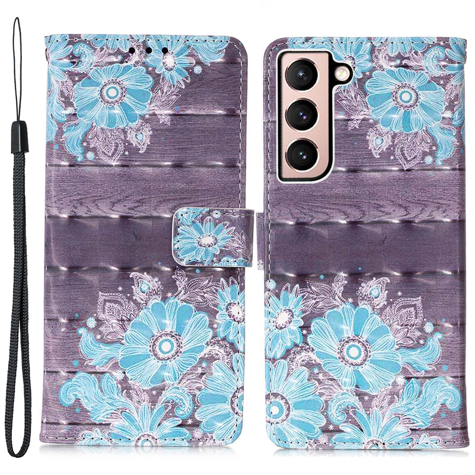 

3D Pattern Printing Magnetic Clasp PU Leather Stand Wallet Phone Case Cover with Strap for Samsung Galaxy S22+ 5G - Blue Flower, Galaxy S22+ 5G