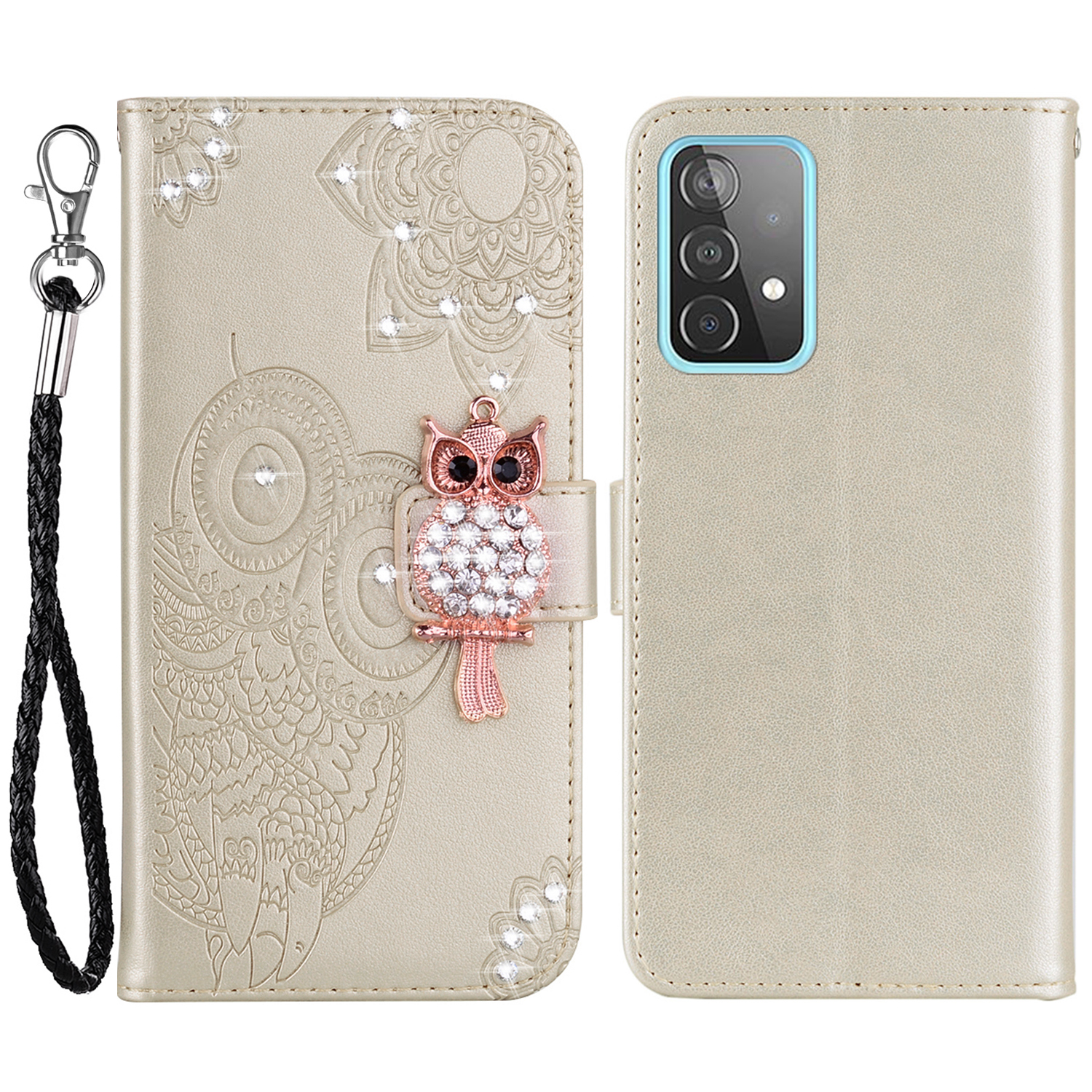 

For Samsung Galaxy A53 5G PU Leather Magnetic Clasp Case Rhinestone Decor Wallet Stand Owl Flower Imprinted Shell Cover with Strap - Gold, Samsung Galaxy A53 5G