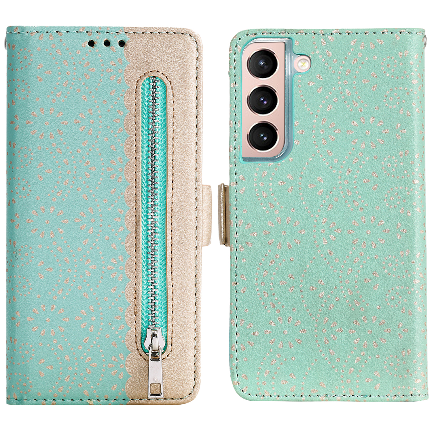 

Drop-resistant Lace Leather Case Zipper Wallet Stand Phone Cover with Bowknot Strap for Samsung Galaxy S22+ 5G - Green, Galaxy S22+ 5G