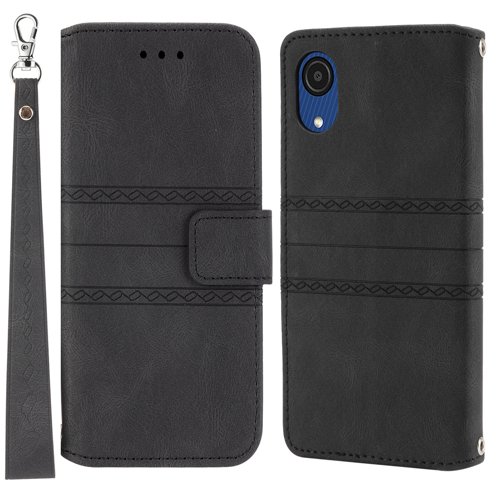 

Flip Mobile Phone Cover pu Кожаный Паттерный Корпус Для Запястья с Ремешком Для Запястья Для Samsung Galaxy A03 Core - Черный, Samsung Galaxy A03 Core