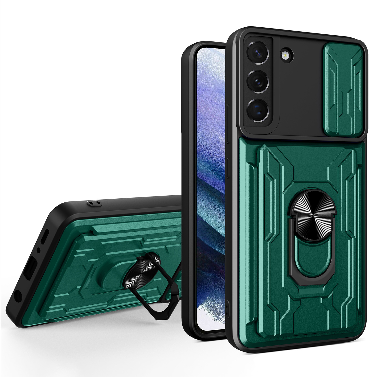 

Car Mount Kickstand Drop-proof Card Holder PC + TPU Slide Lens Protection Case for Samsung Galaxy S22 5G - Blackish Green, Galaxy S22 5G
