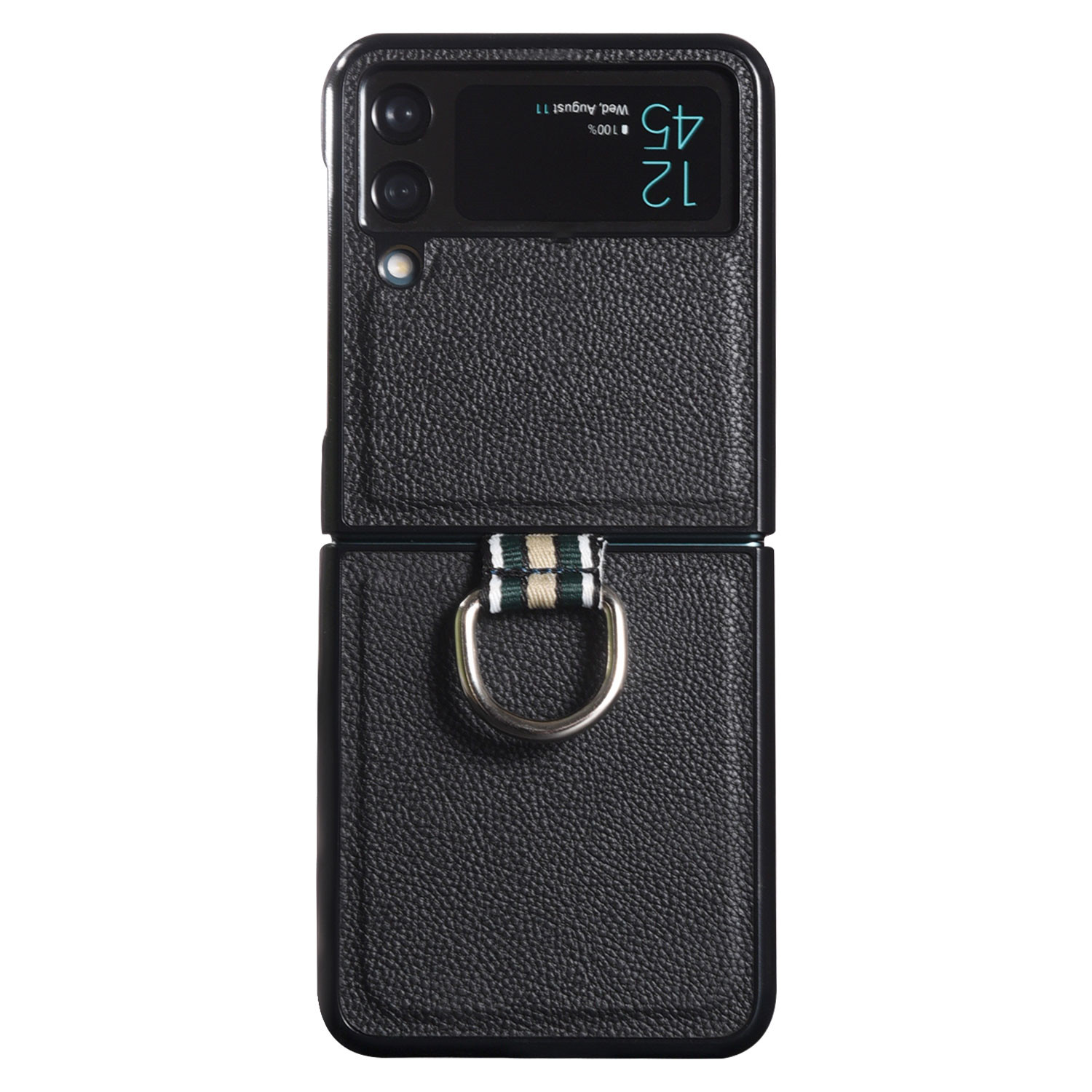 

Litchi Texture Genuine Leather Coated Hard PC Phone Case Shell with Metal Finger Ring for Samsung Galaxy Z Flip3 5G - Black, Samsung Galaxy Z Flip3 5G