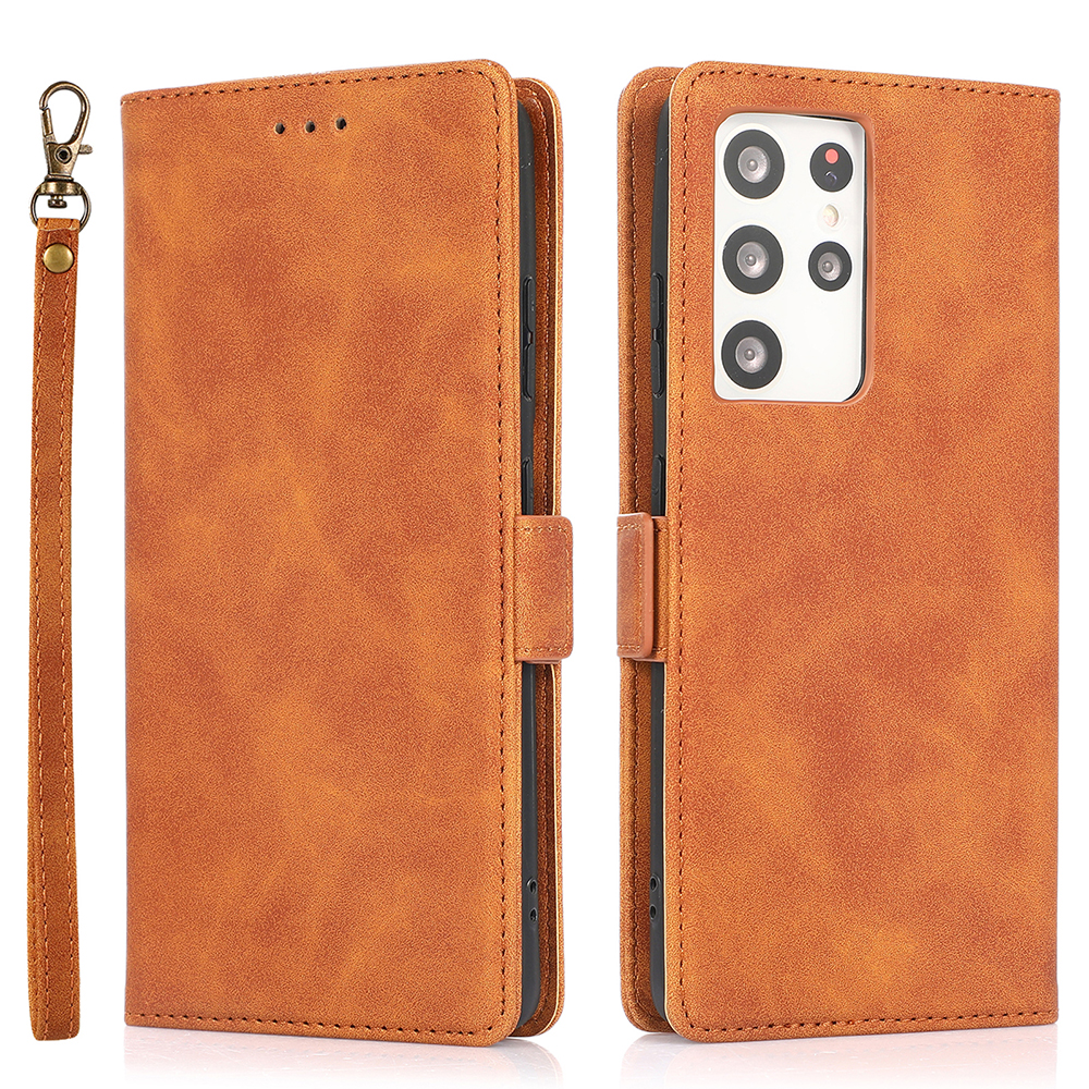 

Full Body Protection Stand Wallet Function PU Leather Case Phone Cover with Strap for Samsung Galaxy S21 Ultra 5G - Brown, Galaxy S21 Ultra 5G
