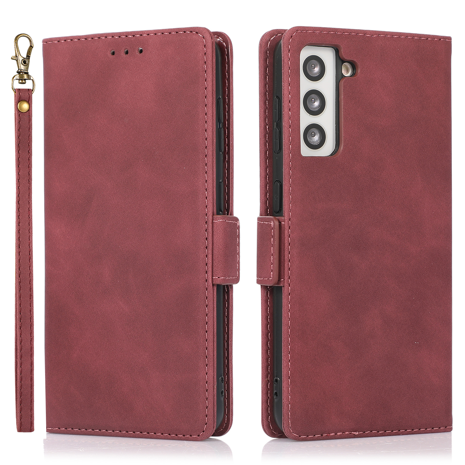 

Stand Wallet PU Leather Cover Inner Soft TPU Phone Case Shell with Strap for Samsung Galaxy S21 4G/5G - Red, Galaxy S21 5G