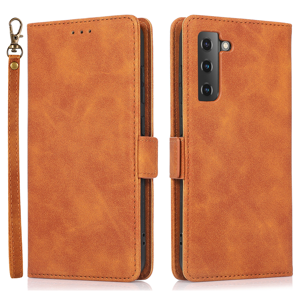 

PU Leather Folio Flip Shockproof Phone Case Stand Wallet Cover with Wrist Strap for Samsung Galaxy S21 FE 5G - Brown, Galaxy S21 FE 5G